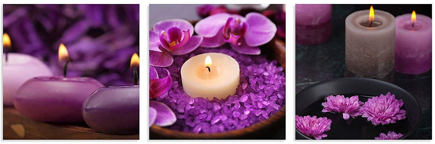 TutuBeer 3-Panel Purple Floral Canvas Wall Art - 20x20 Inch Framed Zen Spa Decor with Candles Still Life - Perfect for Home, Office, Kitchen & Meditation Room Wall Decor - Ready to Hang
