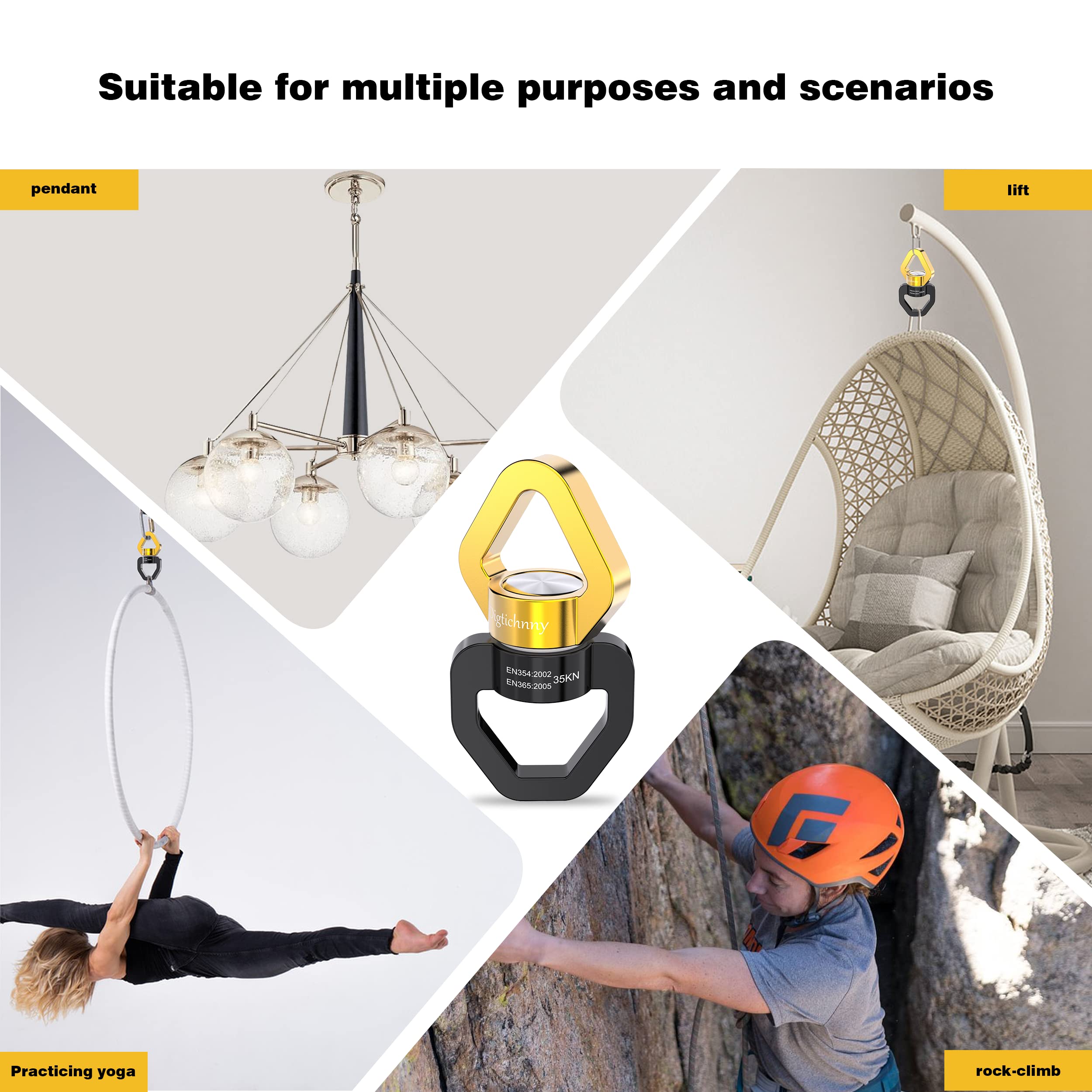 Heavy Duty 35KN Swing Swivel - Rotational Safety Device for Tree Rope Swing, Aerial Yoga, Hammock Hanging - Includes 2 Black Gold Carabiners - Perfect for Backyard Play, Circus Training & Outdoor Adventure Gear
