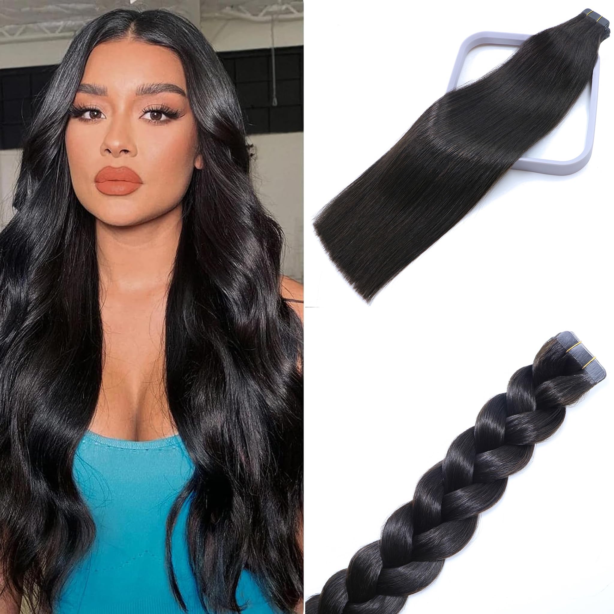 Premium 16-Inch Tape In Hair Extensions #1B Off Black - 20PCS 50g Real Human Hair for Thinning Hair, Thick & Seamless Full Ends - Perfect for Black Women, Styling & Volume Boost for Daily Wear, Parties & Special Occasions
