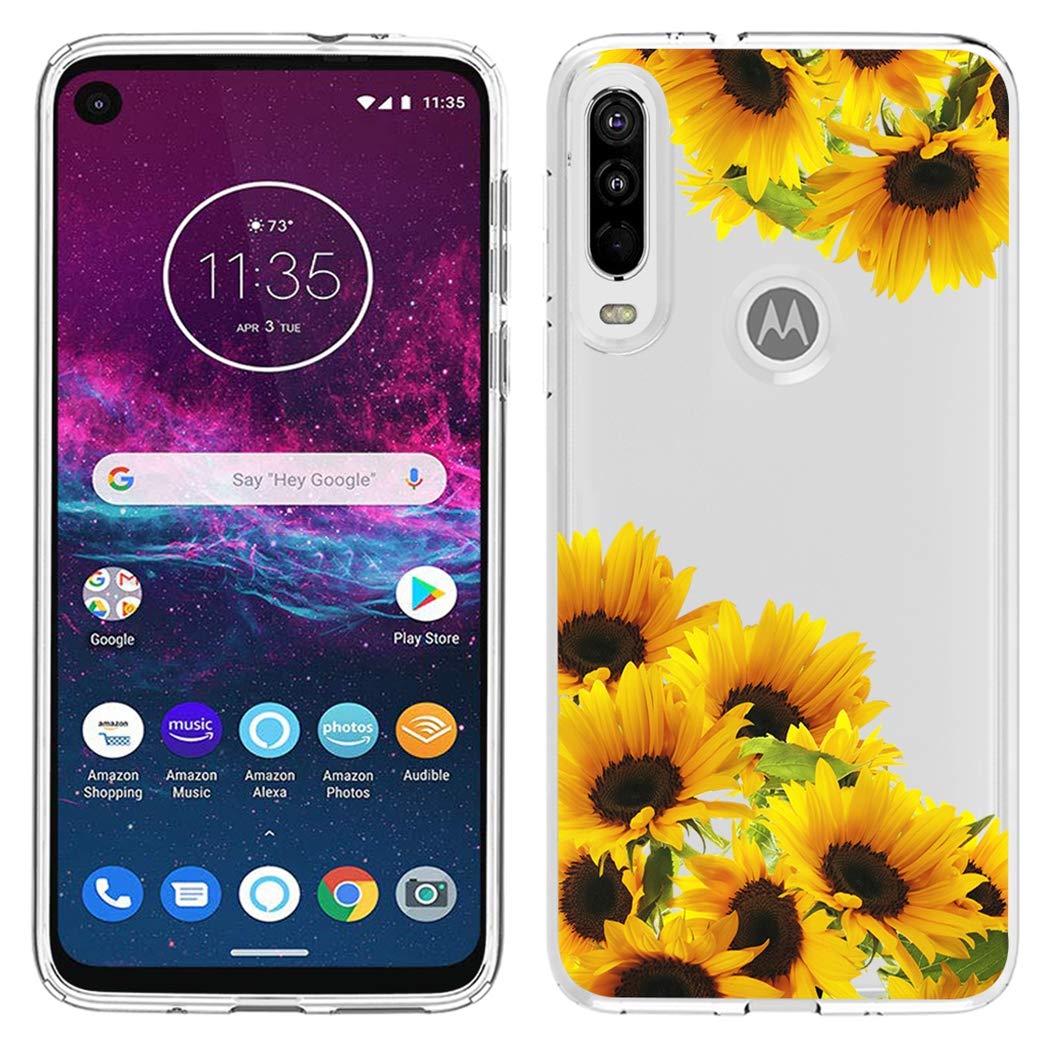 Cute Clear Slim Shockproof Sunflower Pattern Soft TPU Rubber Phone Case for Motorola Moto One Action/P40 Power - Protective Cover for Women & Girls - Perfect for Everyday Use, Work, and Travel