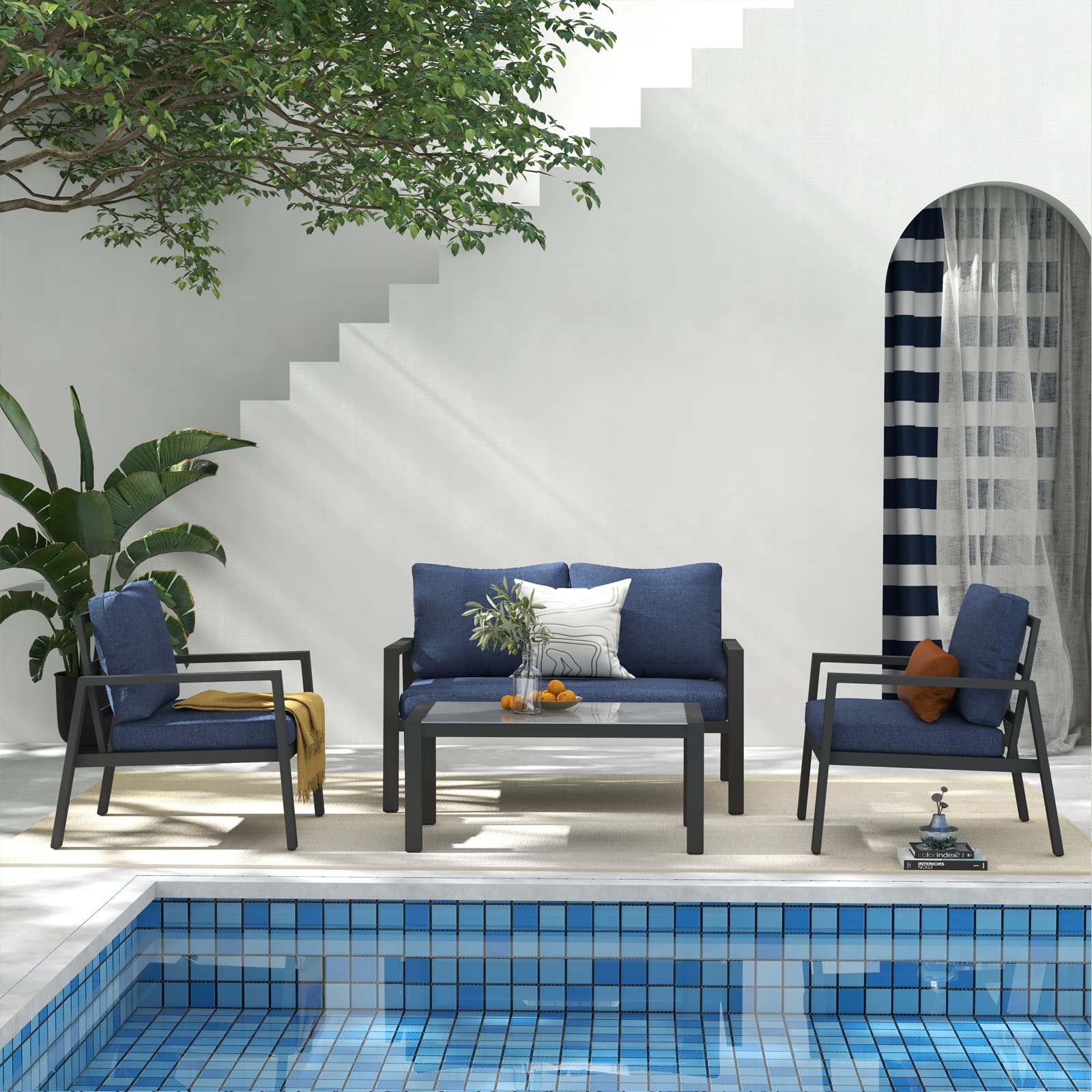Soleil Jardin 4-Piece Aluminum Outdoor Patio Furniture Set with Removable Cushions & Tempered Glass Coffee Table - Dark Grey Frame & Denim Blue Cushions - Perfect for Garden, Backyard, Poolside & Patio Relaxation