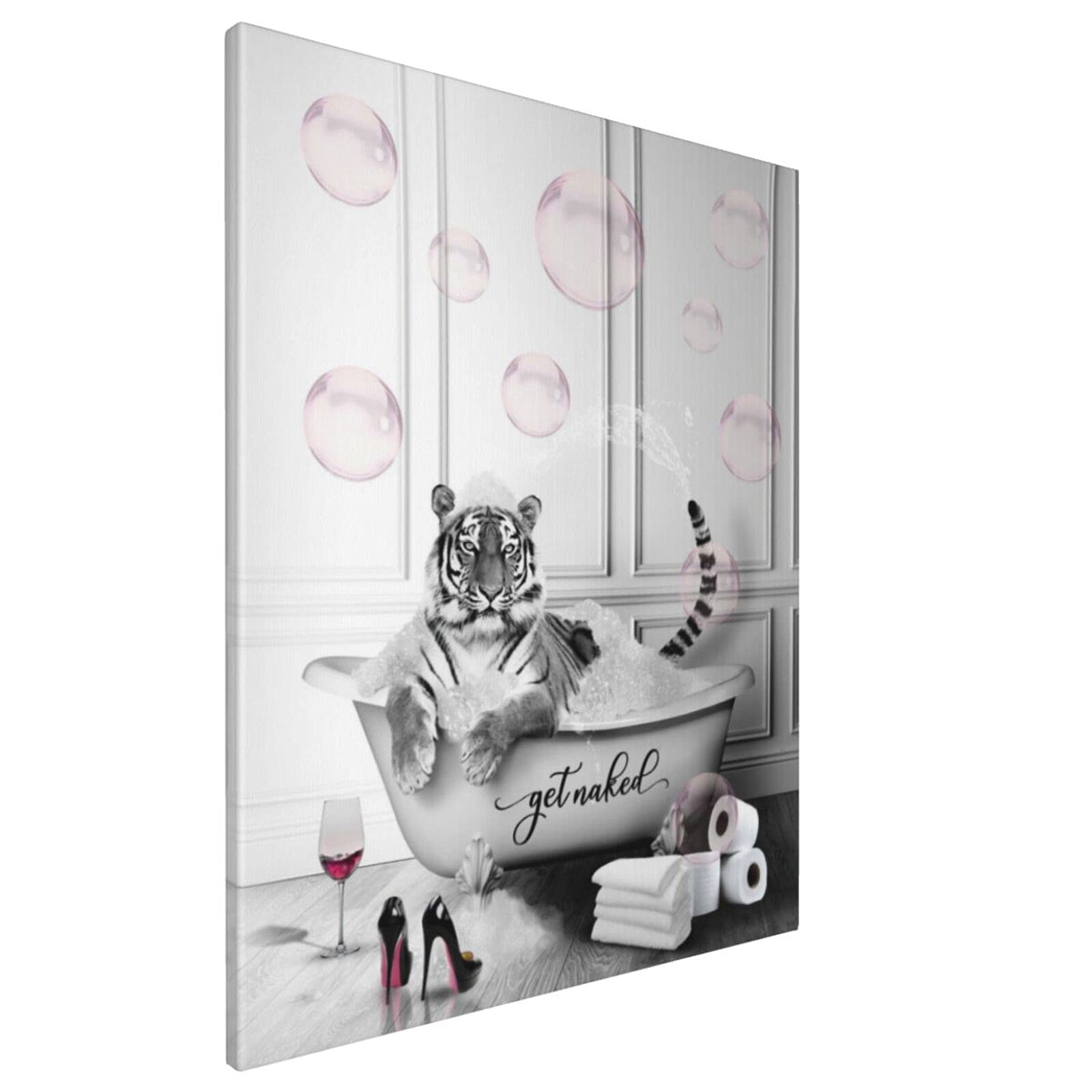 Funny Tiger in Bathtub Canvas Wall Art - 16x20 Inch Bathroom Decor with Pink Bubbles & Grey Background, Ready to Hang - Perfect for Bathroom, Living Room, or Gift Giving