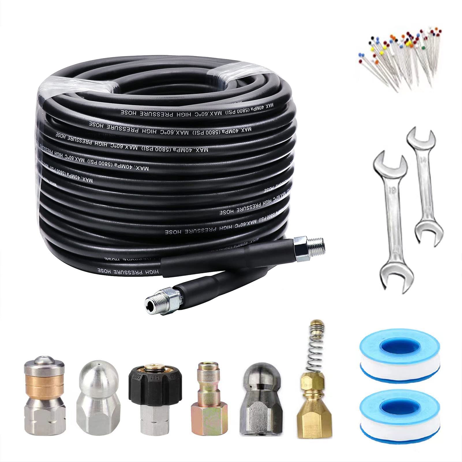 150FT Sewer Jetter Kit for Pressure Washer - Drain Cleaning Hose with Rotating & Button Nozzles (1/4 Inch NPT, 5800 PSI) - Perfect for Home Drain Maintenance, Commercial Sewer Cleaning & Heavy-Duty Pipe Jetting