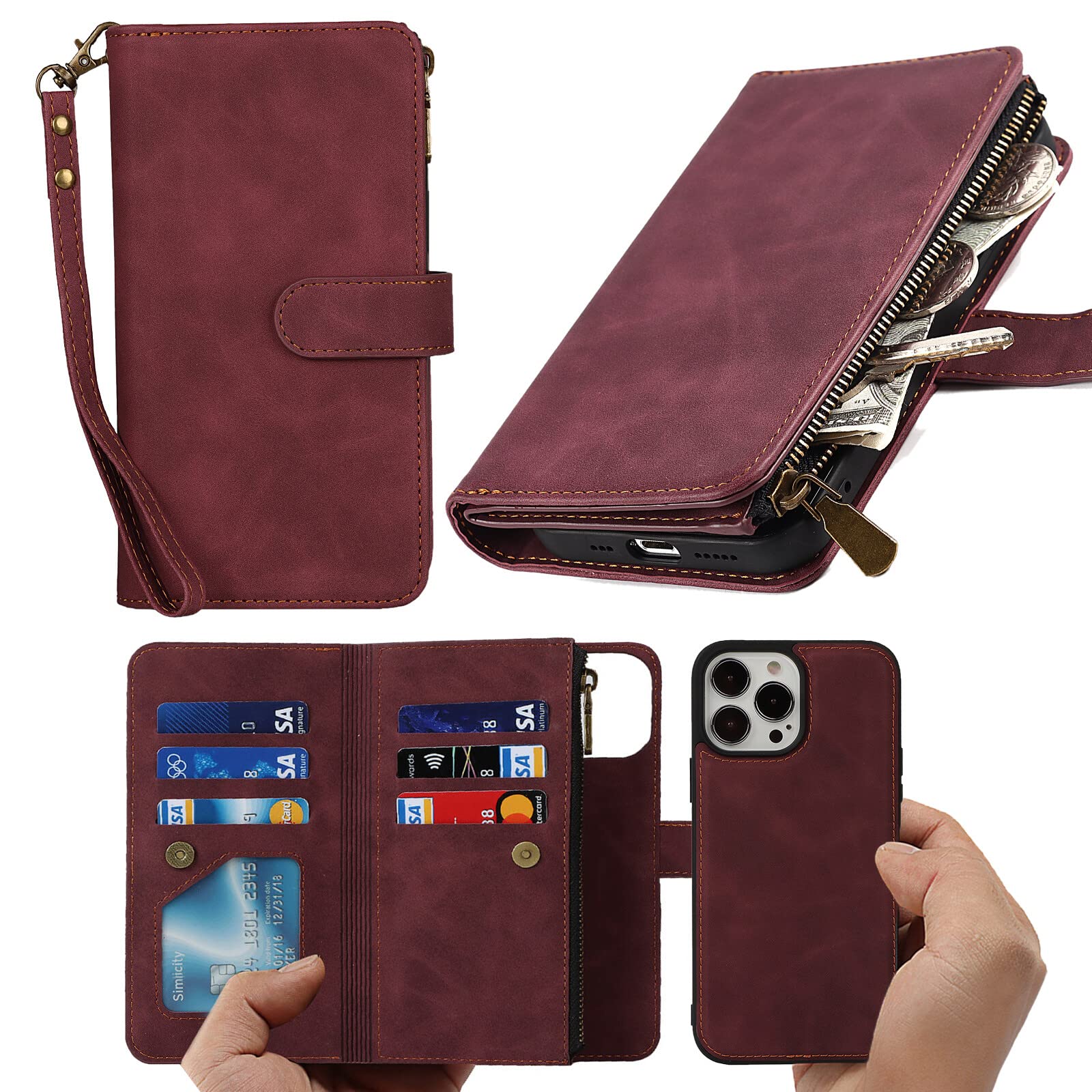 Havaya Detachable Wallet Case for iPhone 13 Pro Max - Flip Folio Zipper Phone Cover with Credit Card Slots & Card Holder (Wine Red) - Perfect for Everyday Use, Travel, and Business Professionals