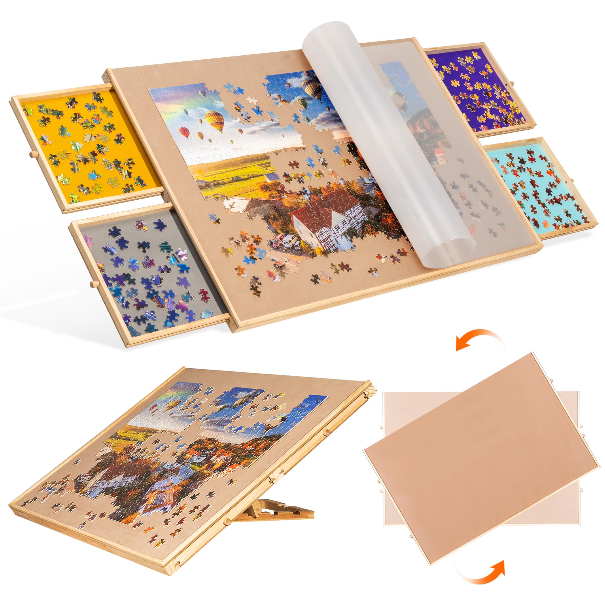 Becko US 1500-Piece Tilting & Rotating Jigsaw Puzzle Board - 2-in-1 Puzzle Play Table with 4 Colorful Storage Drawers, Built-in Easel Stand & Lazy Susan - Portable Puzzle Board with Cover for Adults - Perfect for Family Game Nights, Travel & Home Organization