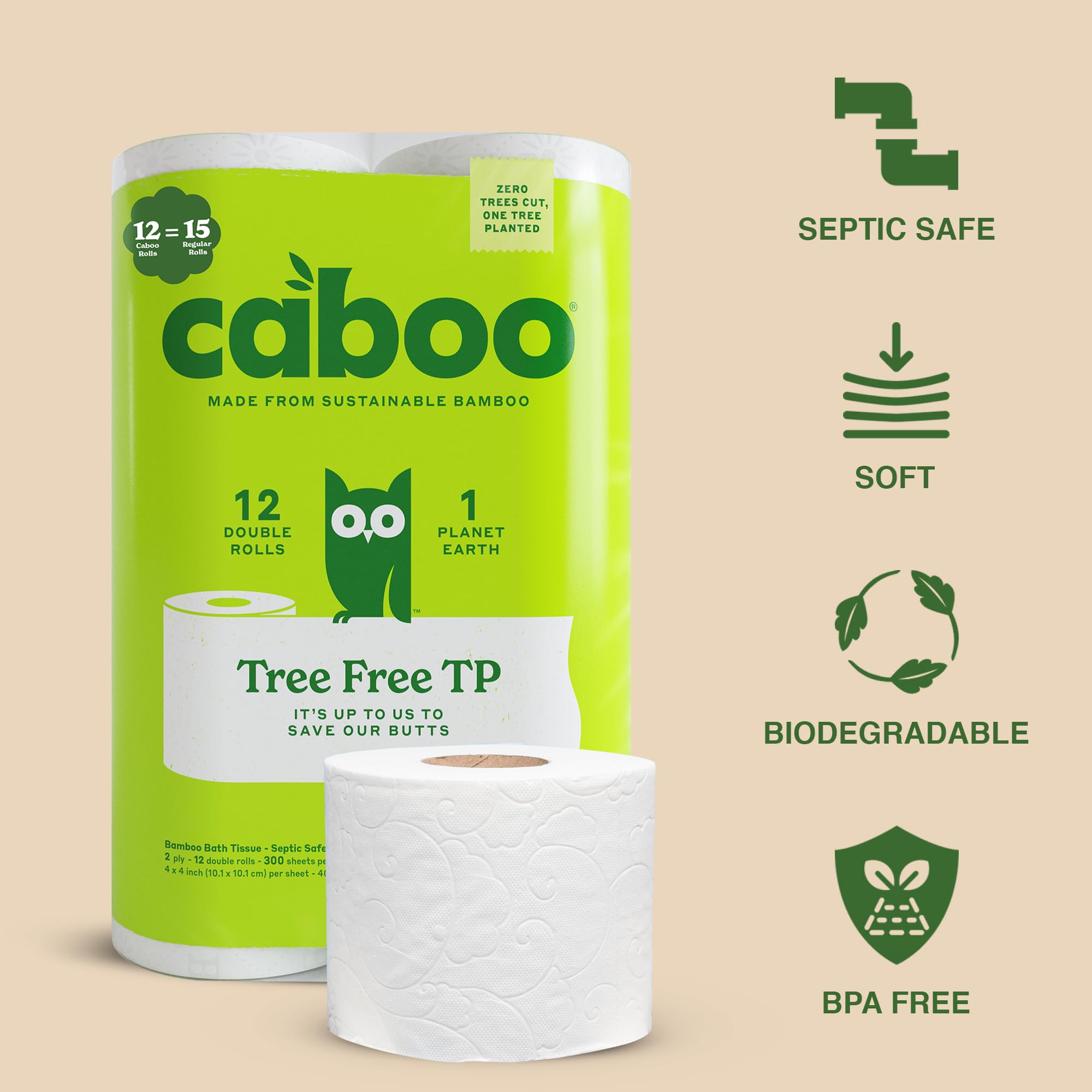 Eco-Friendly Caboo Bamboo Toilet Paper - 2-Ply, Septic Safe, Chemical-Free Bath Tissue (12 Double Rolls, 300 Sheets Per Roll) - Perfect for Sustainable Homes & RVs