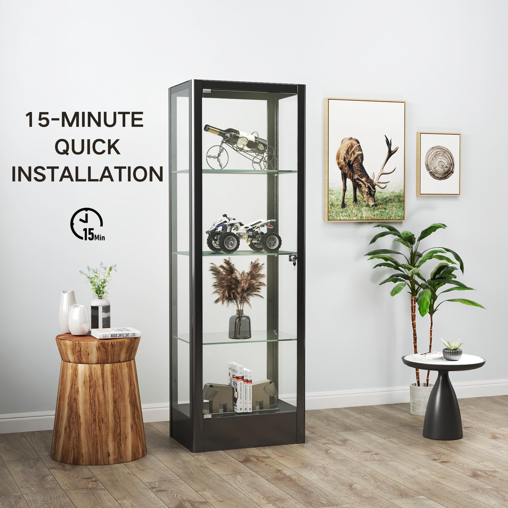 Modern Glass Display Cabinet with Adjustable 4 Shelves & Secure Lock - Black Curio Cabinet for Books, Toys & Collectibles (63
