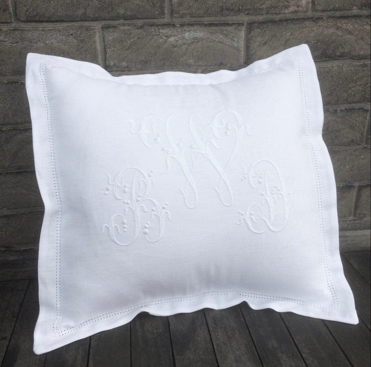 Luxury White Linen Hemstitched Embroidered Monogram Pillow Cover - Elegant Boudoir Decor for Bedroom, Sofa & Home Decor