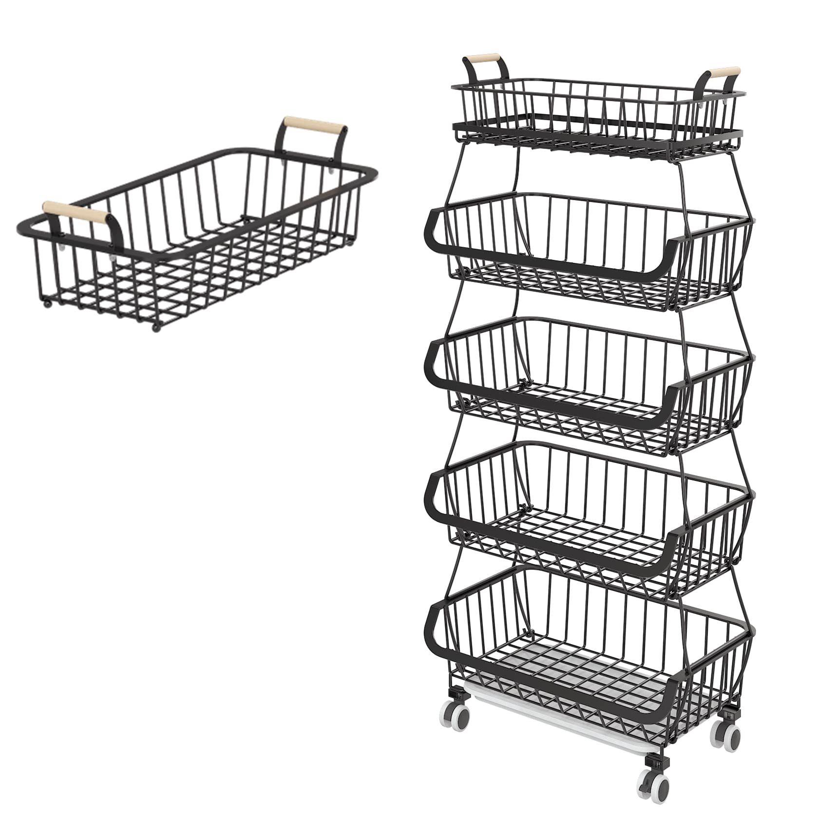 OKZEST 5-Tier Stackable Wire Fruit Basket with Removable Top Basket - Kitchen Organization Rack for Vegetables, Potatoes, Onions & Produce - Rolling Storage Bins with Wheels for Pantry, Countertop & Small Space Organization - Perfect for Kitchen, Dining Room & Apartment Storage