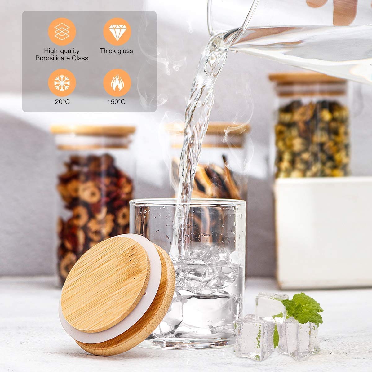 Airtight Glass Storage Containers with Wooden Lids - Set of 3 Kitchen & Pantry Organization Jars for Sugar, Flour, Rice, Pasta, Spices, Candy, Cookies | Perfect for Baking, Meal Prep & Food Storage