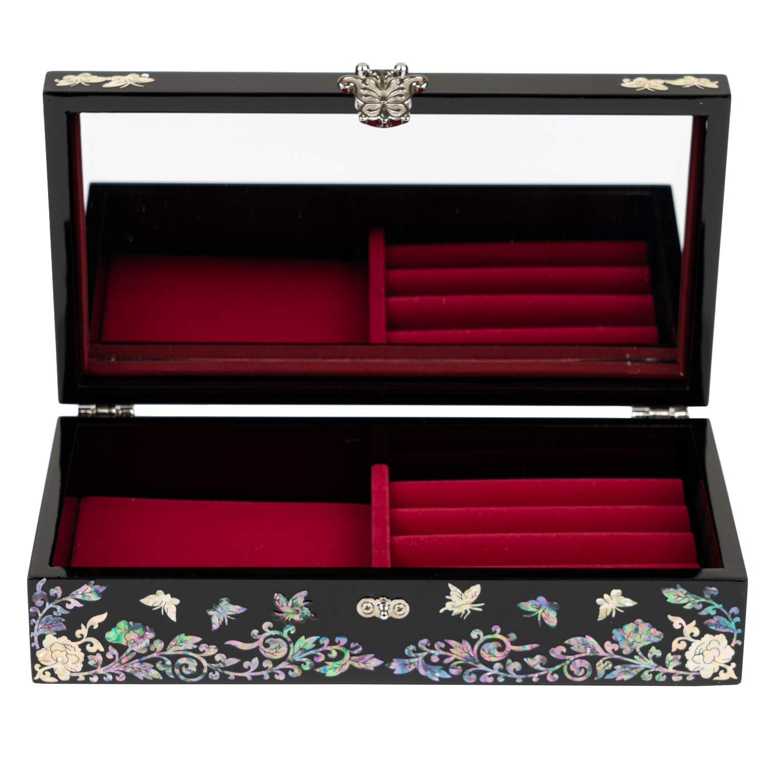February Mountain Mother of Pearl Jewelry Organizer Box - Handmade Large Wooden Jewelry Storage Case with Butterfly Floral Design, Perfect Romantic Anniversary & Birthday Gift for Women | Jewelry Organization for Dresser, Vanity & Travel