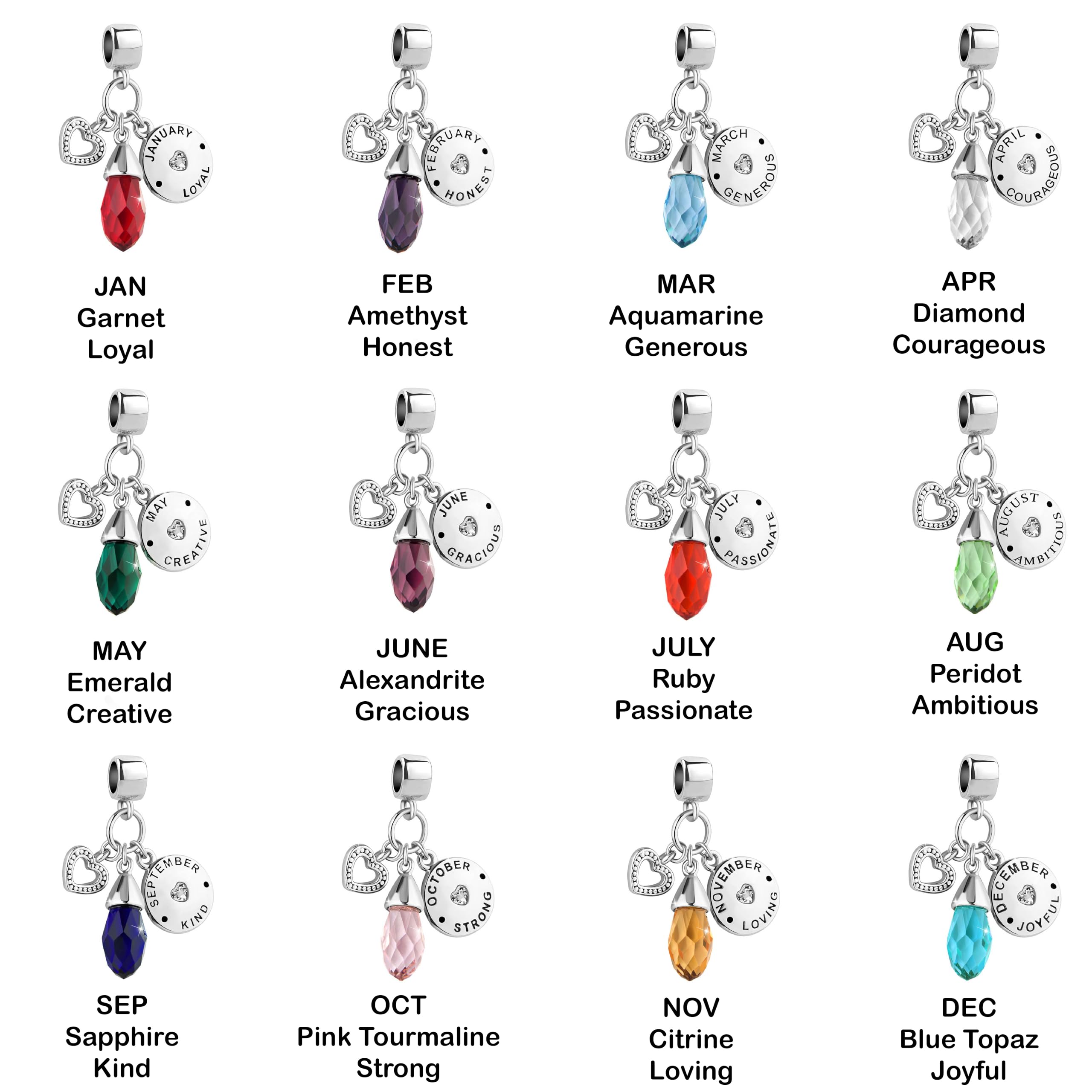 FGT Jan to Dec Birthstone Heart Crystal Dangle Charms for Pandora Bracelets | Women's Jewelry Gift for Birthday, Anniversary & Valentine's Day