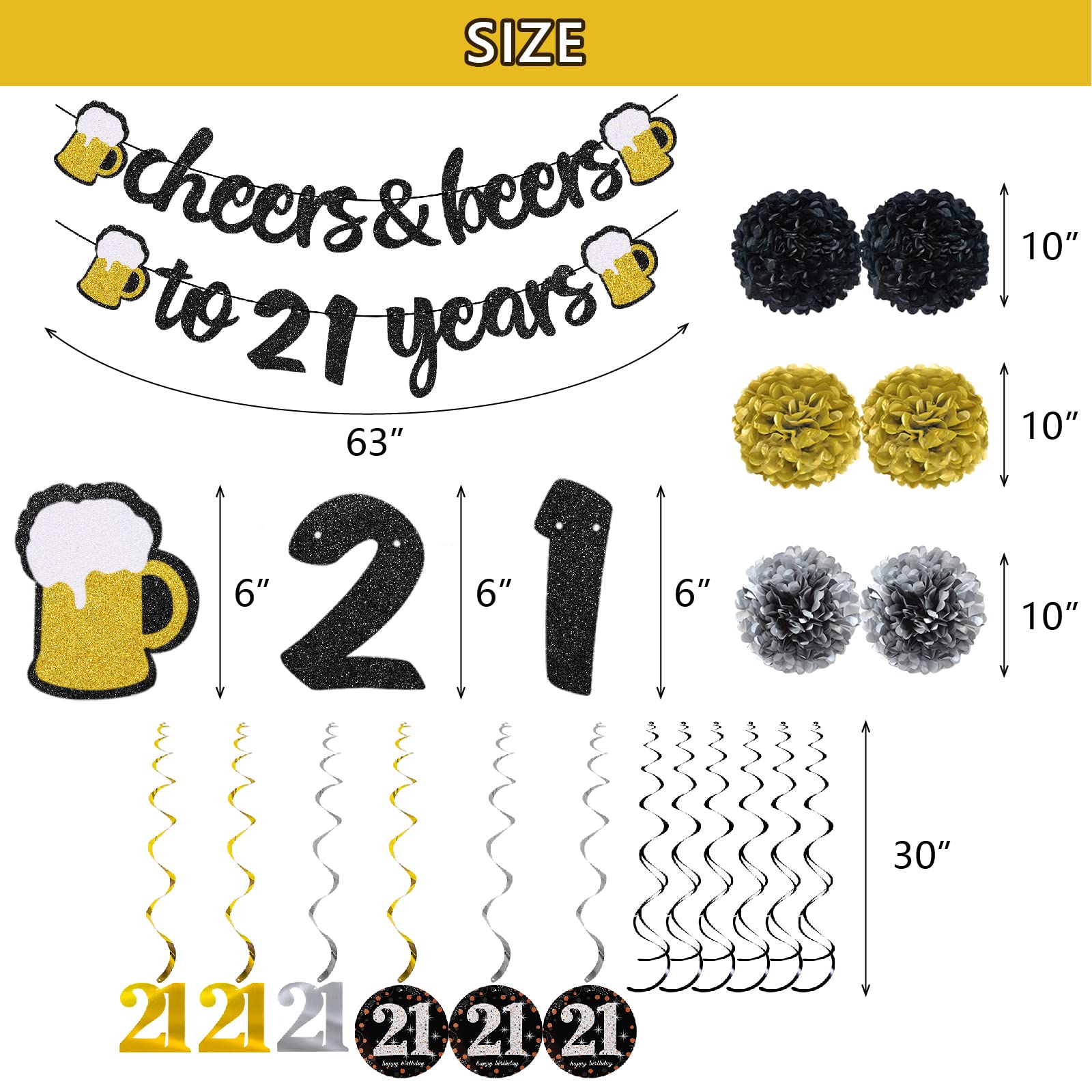 21st Birthday Party Decorations Kit for Men & Women - Cheers to 21 Years Banner, Pom Poms, Flowers & Sparkling Hanging Swirls - Perfect for 21st Birthday Celebrations, Weddings & Special Events