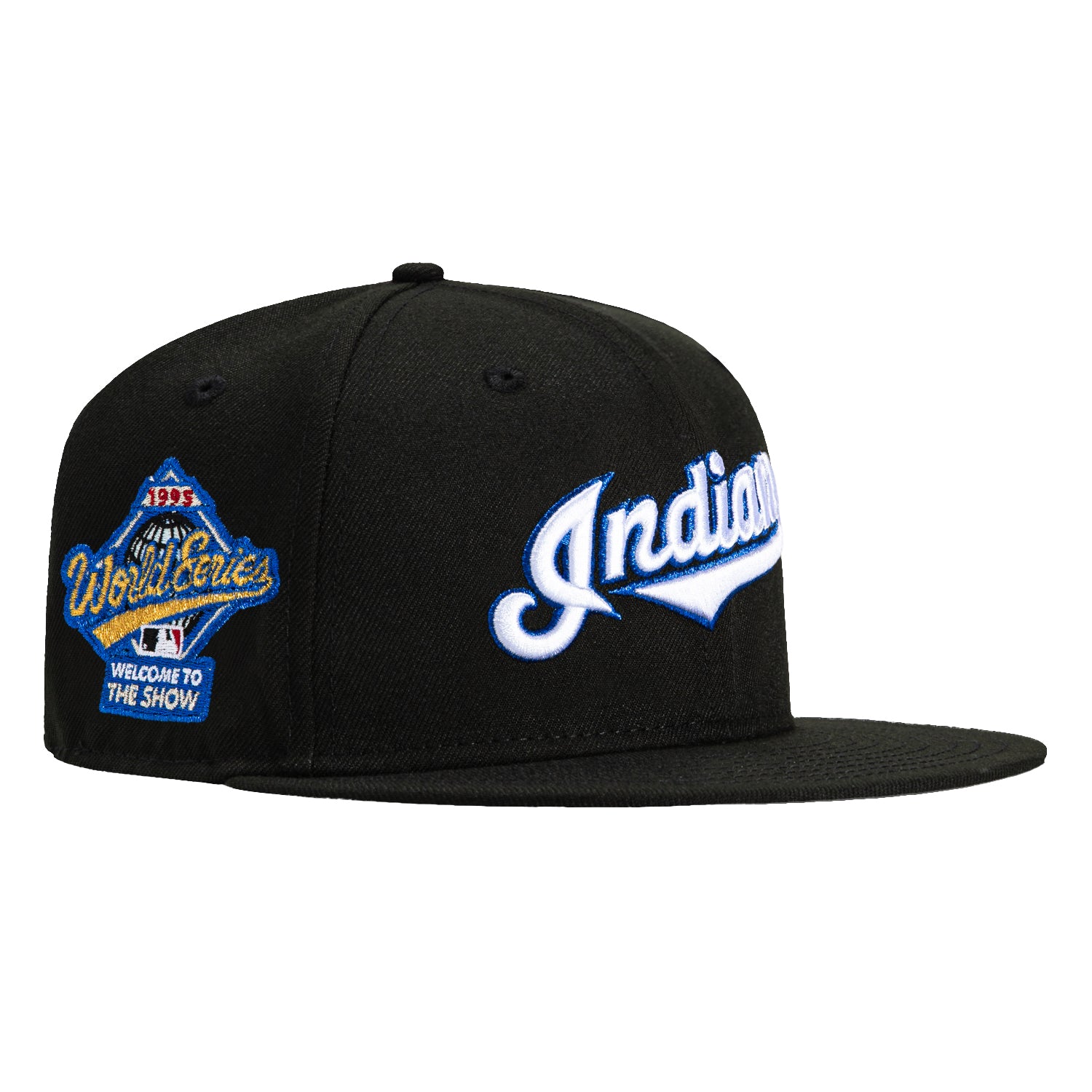 New Era 59Fifty Cleveland Indians 1995 World Series Patch Script Baseball Cap - Black, White & Royal Blue Colors - Perfect for Baseball Games, Sports Events & Streetwear Fashion