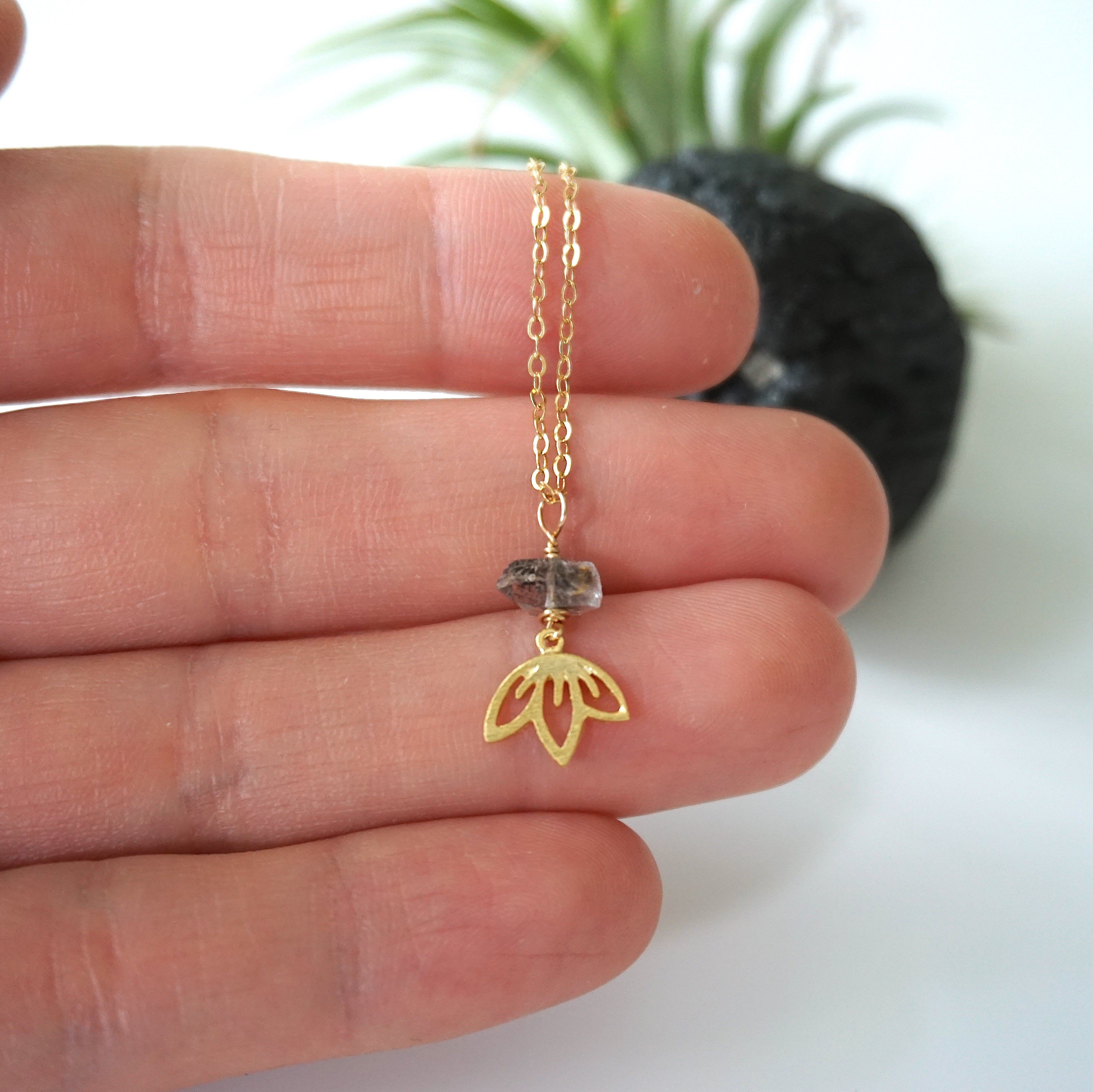 Herkimer Diamond Necklace - 14K Gold Filled Beaded Lotus Charm Pendant Jewelry for Women, Gift for Her, Birthday, Anniversary & Special Occasions