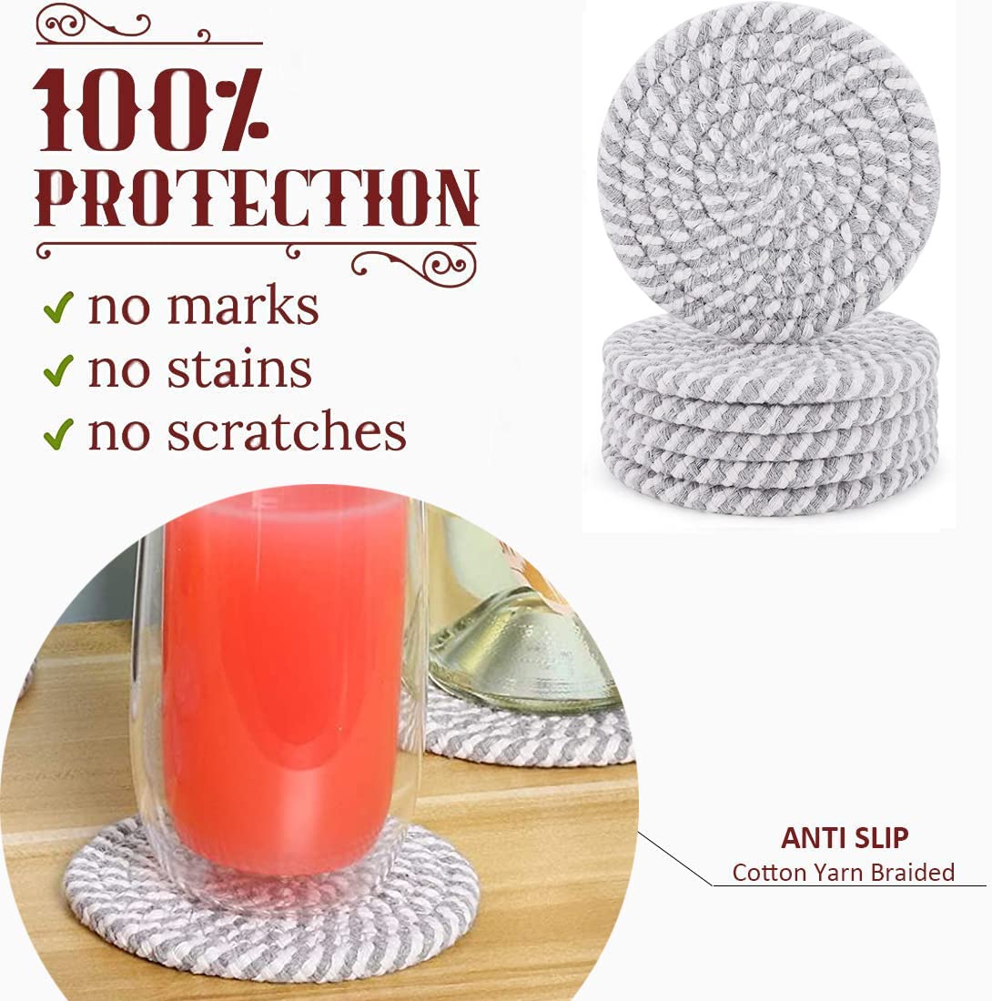 Handmade Braided Super Absorbent Drink Coasters - 6 Pack (4.3 Inch Round, 8mm Thick) Heat-Resistant Beverage Coasters for Coffee, Wine & Cocktails - Perfect Housewarming Gift (Mixed Gray) - Ideal for Dining Tables, Coffee Bars & Home Decor