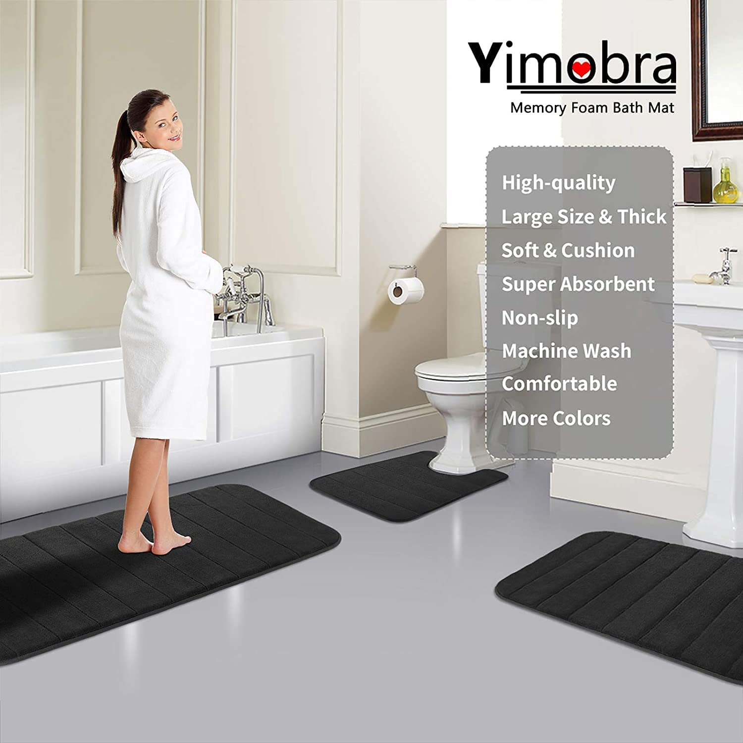 Yimobra Memory Foam Bath Mat - 24x17 Inch Non-Slip Super Absorbent Quick Dry Bathroom Rug - Soft Thick Machine Washable for Shower Tub & Floor - Perfect for Bathroom Safety & Comfort (Black)