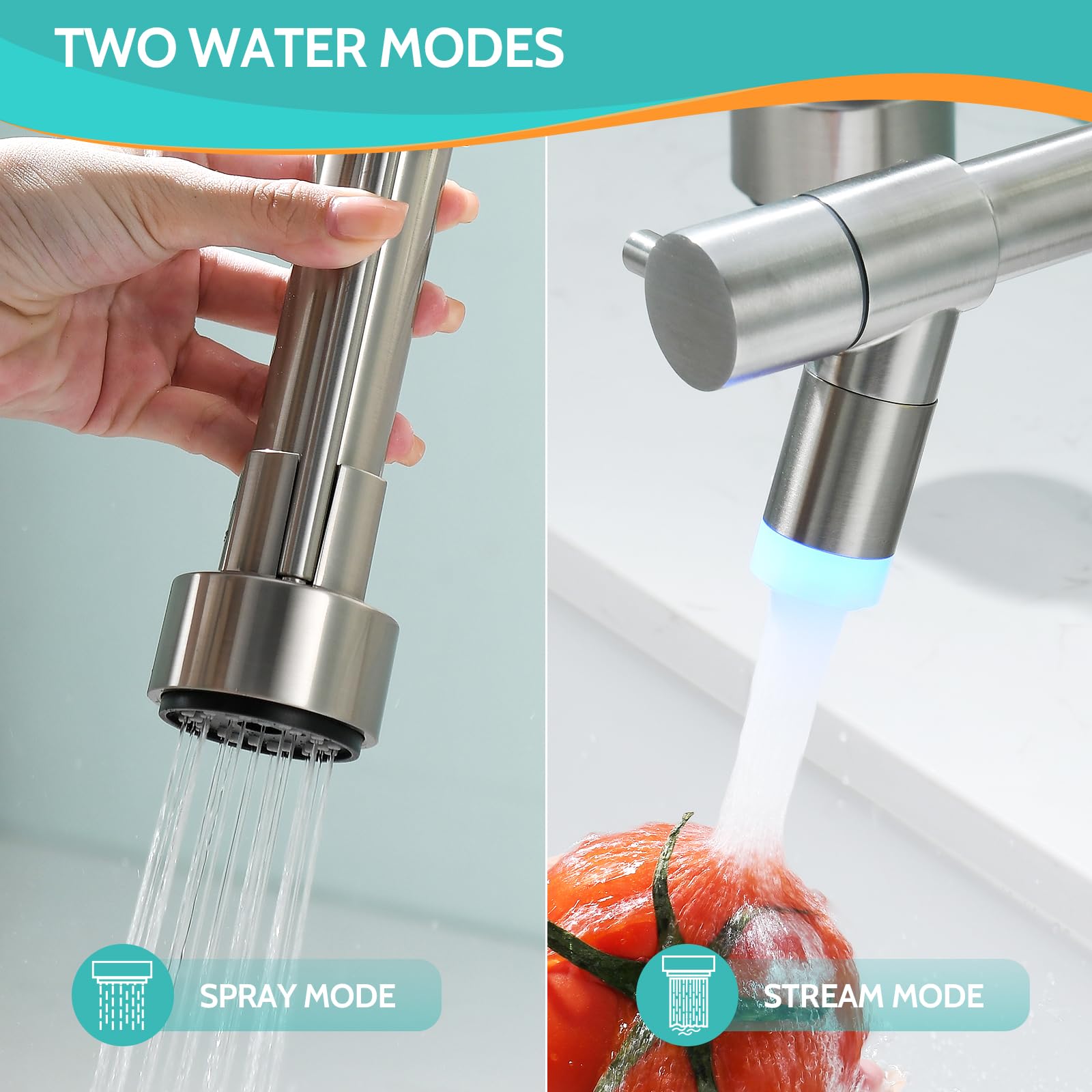 Kicimpro LED Kitchen Faucet with Pull Down Sprayer - Brushed Nickel Single Handle High Arc 304 Stainless Steel Commercial Sink Faucet for 1 or 3 Hole Installation | Perfect for Home Kitchens, Bars, and Restaurants