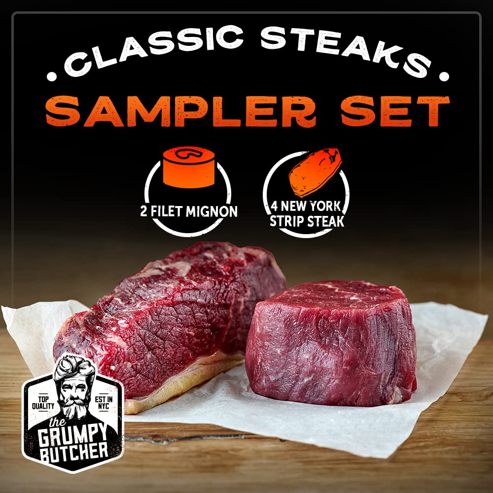 Premium Grumpy Butcher Steak Sampler Gift Box - 2 Filet Mignons & 4 NY Strip Steaks (Prime USDA Beef) | Gourmet Meat Gift Set for BBQ, Dinner Parties & Special Occasions | Perfect for Steak Lovers & Foodies