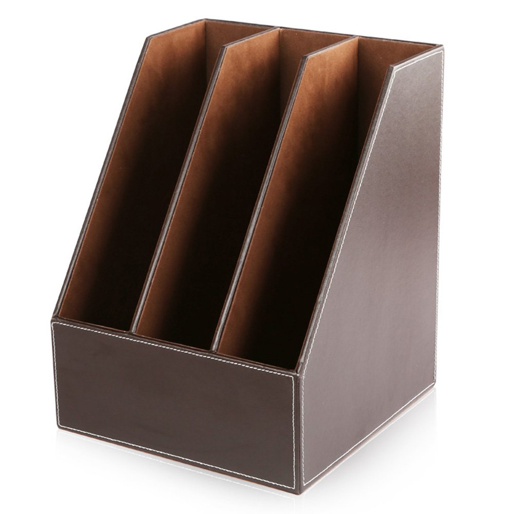 KINGFOM Wooden Leatherette Magazine File Holder - 3 Compartment Desktop Organizer for Office & Home, Paper Storage Box with Elegant Brown Finish - Perfect for Organizing Documents, Bills, and Office Supplies on Your Desk