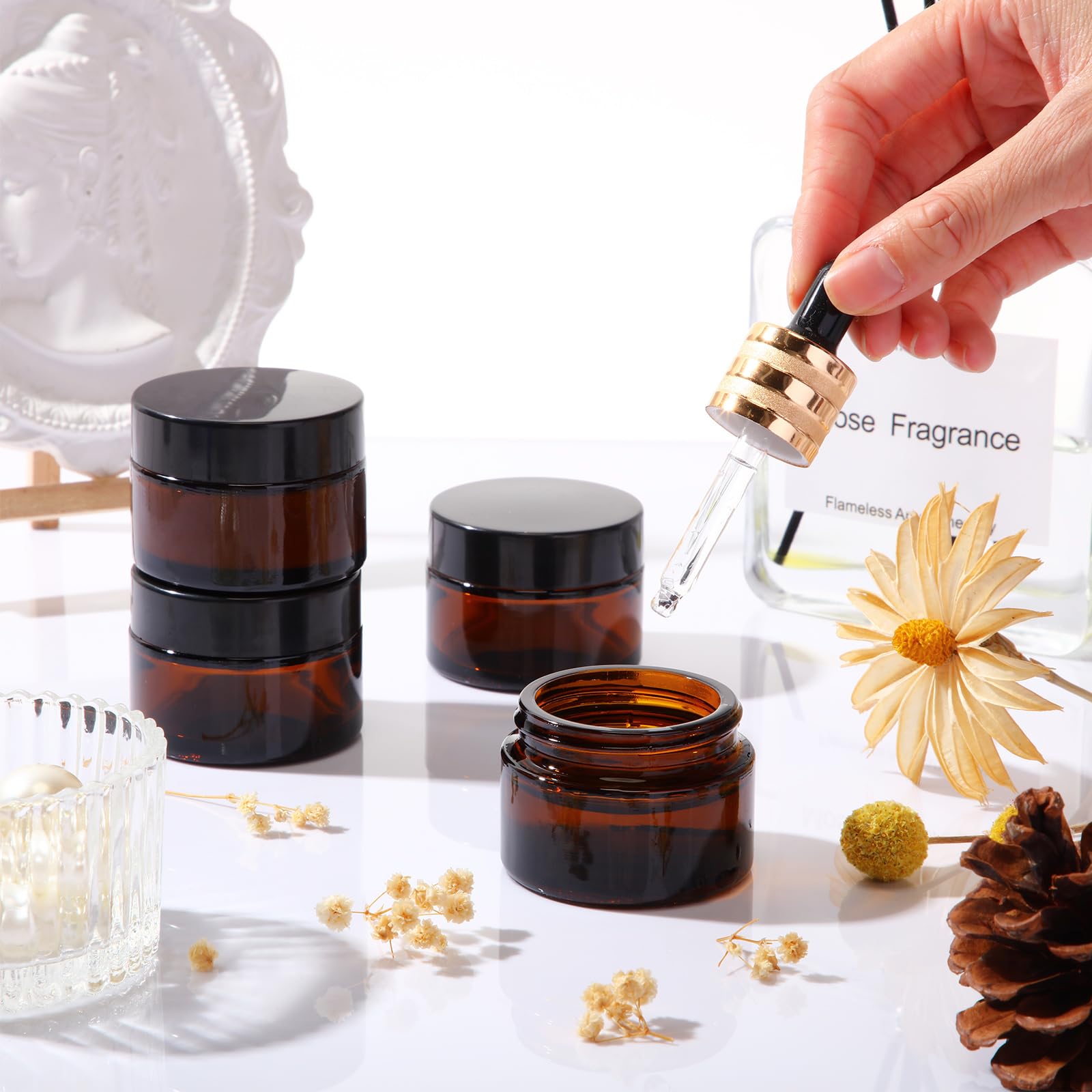 Domensi 60-Pack 1oz Amber Glass Jars with Black Lids - Small Cosmetic Containers for Salves, Lotions, Creams & Travel-Size Candles - Includes Inner Liners for Leak-Proof Storage (Perfect for DIY Beauty Products, Sample Packaging & Home Spa Organization)