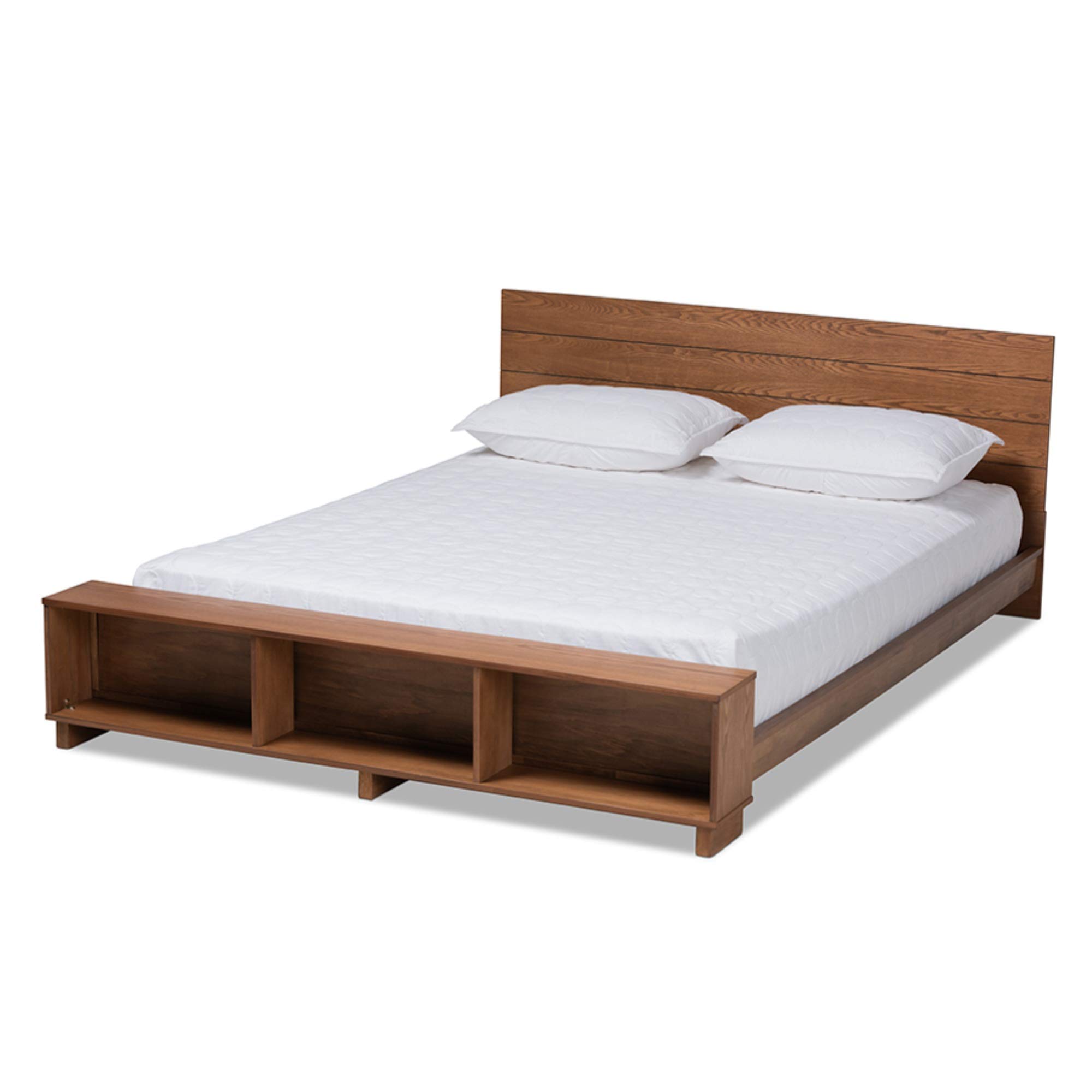 Modern Rustic Ash Walnut Brown Queen Size Platform Storage Bed with Built-In Shelves - Solid Wood Frame for Bedroom, Guest Room & Vacation Homes