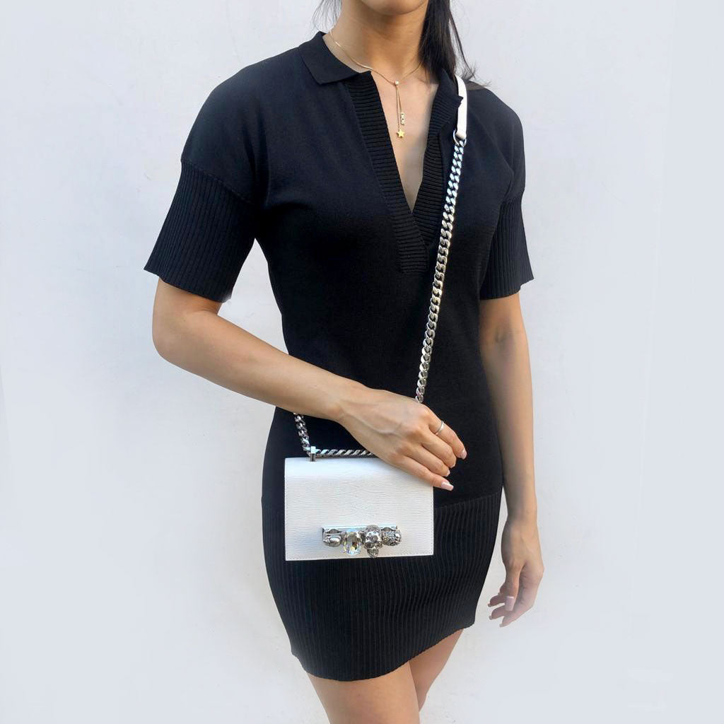Stylish Mini Lizard Knuckle Satchel with Jewel Accents in Deep Ivory & Silver - Perfect for Evening Parties, Date Nights, and Special Occasions
