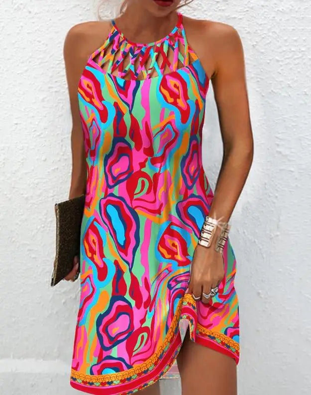 Stylish Women's Sleeveless Mini Dress - 2023 Summer Abstract Print Hollow-Out Casual Dress for Vacation & Beach Wear | Perfect for Parties, Dates & Outdoor Events