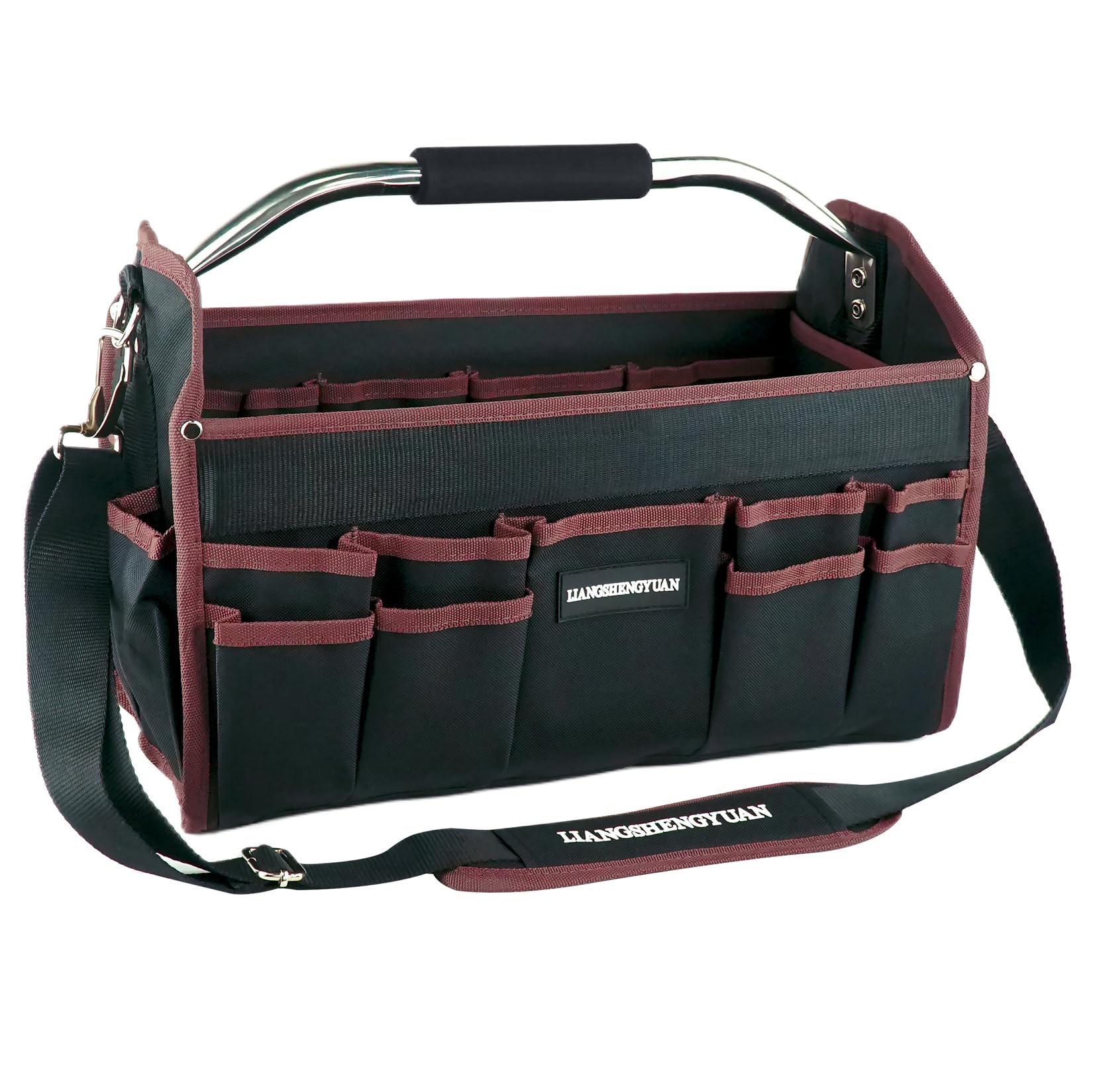 16-Inch Heavy Duty Open Top Tool Tote Bag with 30 Pockets - Waterproof Electrician Tool Carrier for Men - Foldable Wide Mouth Design with Stainless Steel Handle & Removable Shoulder Strap - Perfect for Construction, HVAC Work and DIY Home Improvement Projects