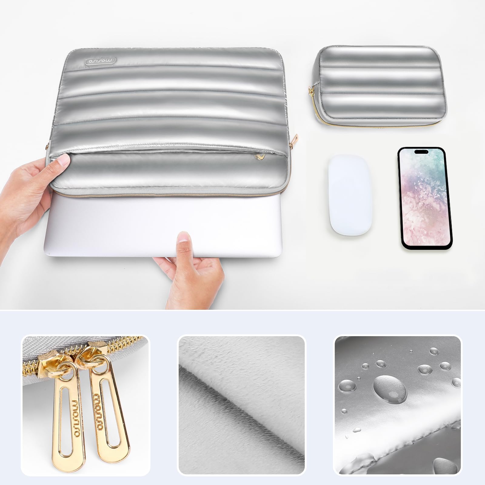 MOSISO 15-16 Inch Laptop Sleeve Case for MacBook Pro 16, HP, Dell, ASUS, Acer, Lenovo - Shiny Puffy Protective Cover with Small Storage Bag (Silver) - Perfect for Work, School, Travel & Daily Commute