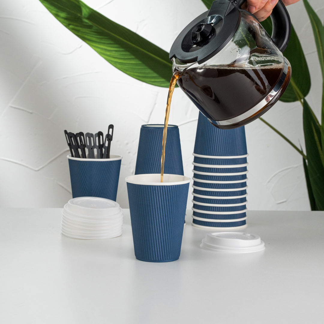 12 oz Midnight Blue Disposable Paper Coffee Cups with Ripple Wall - 3.5