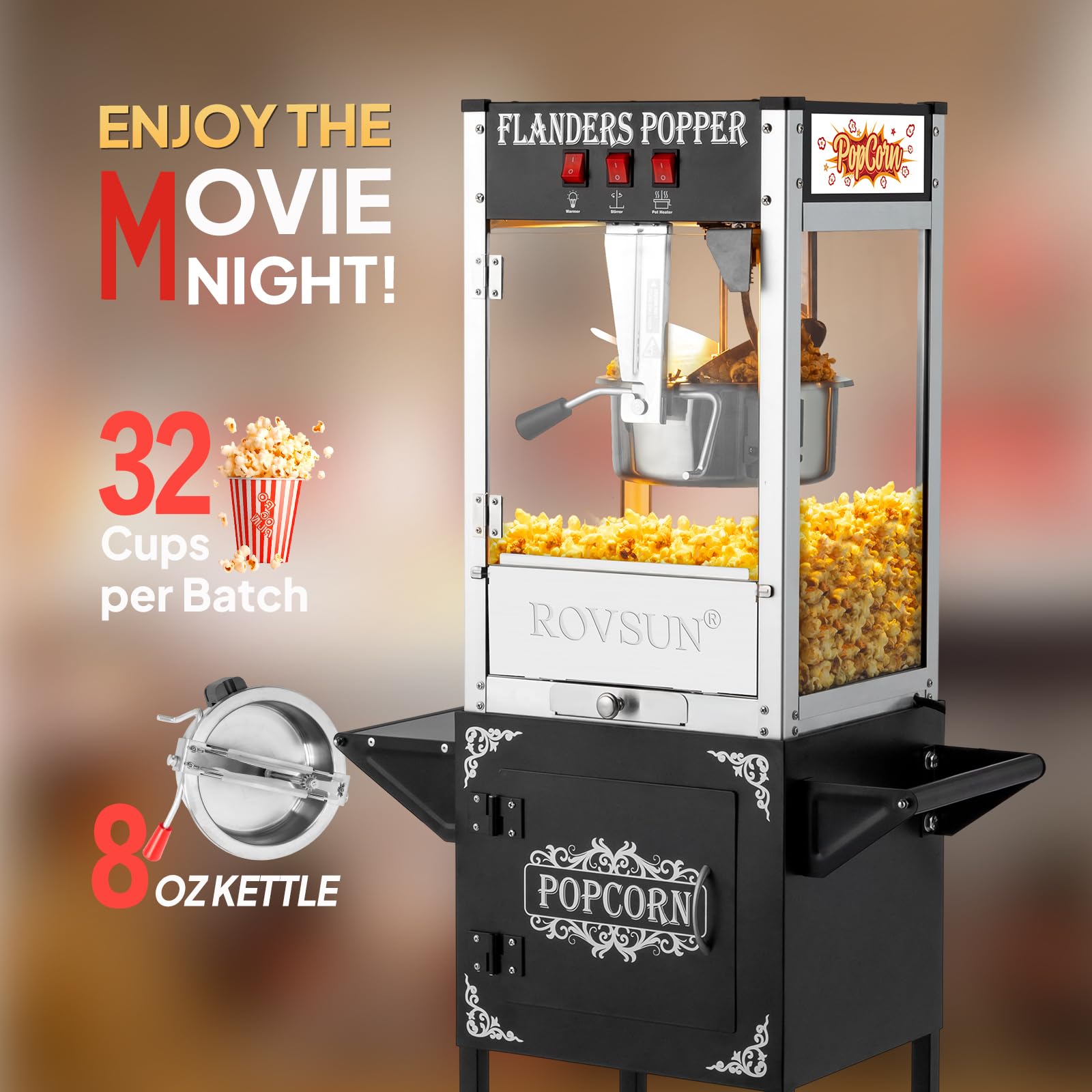 ROVSUN Commercial Popcorn Machine with Cart - 8 Oz Kettle Makes 32 Cups, Includes Wheels, Stainless Steel Scoop, Oil Spoon & 3 Popcorn Cups - Perfect for Home Theater, Movie Nights, Parties & Events (Black)