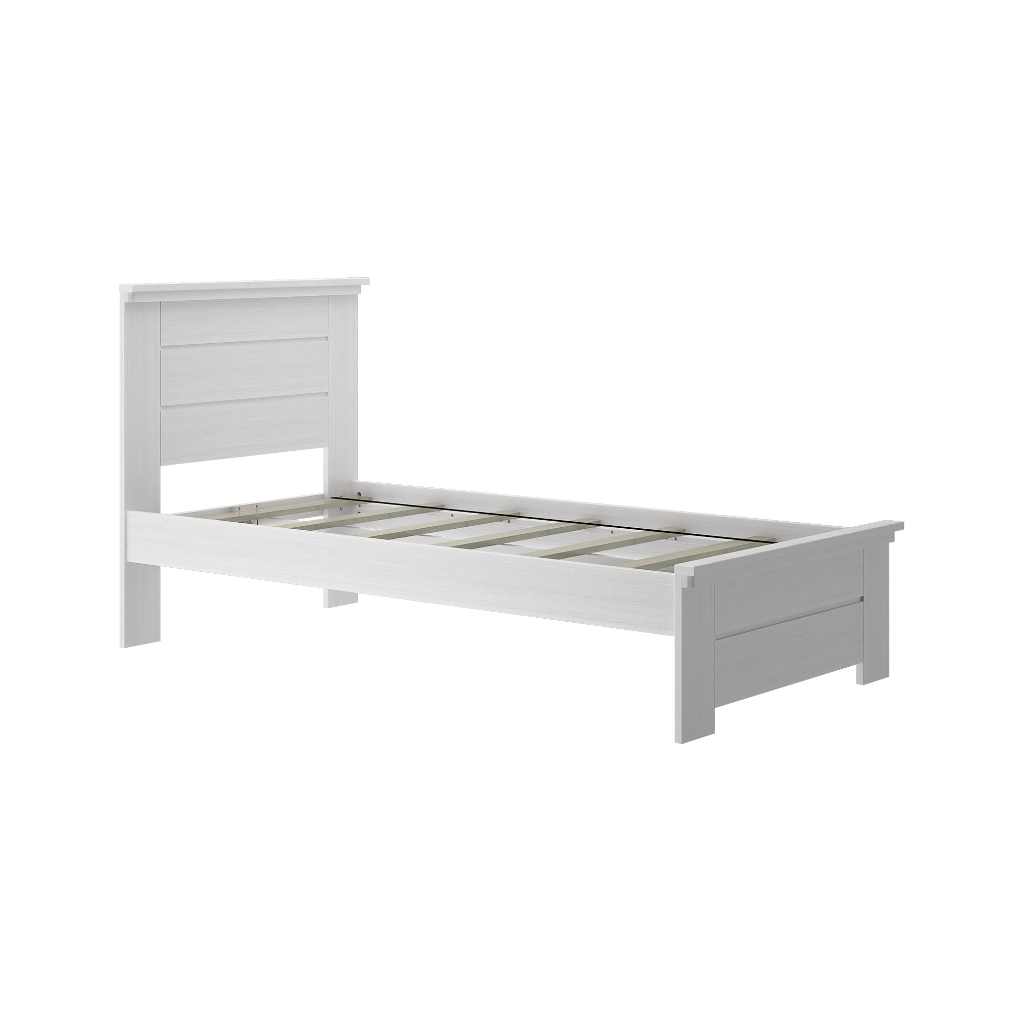 Modern Farmhouse Twin Bed Frame with Headboard for Kids - White Washed Wood Panel Design - Perfect for Nursery, Bedroom & Guest Room