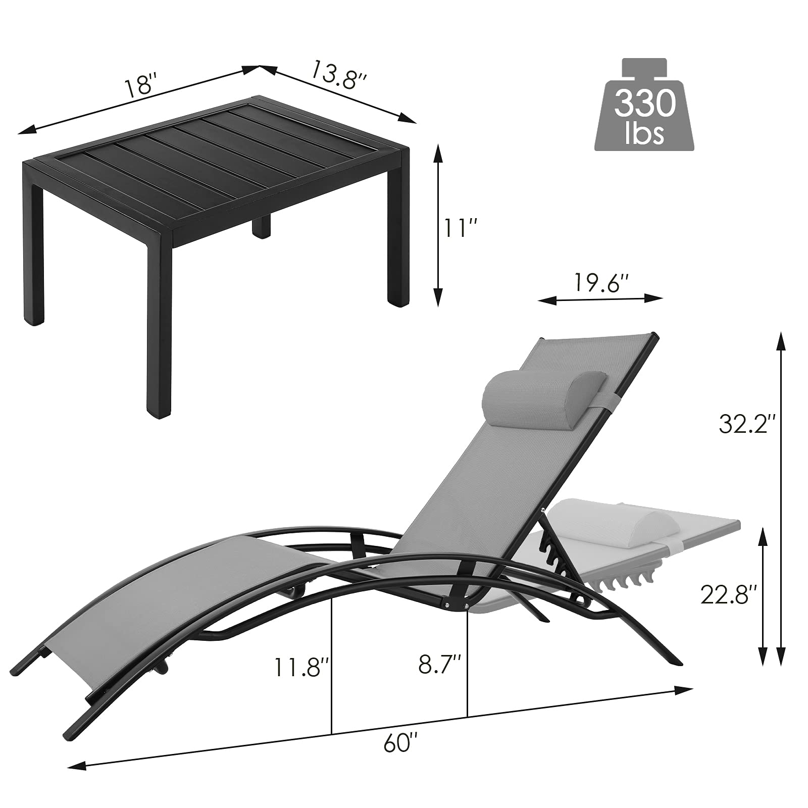**AthLike 3-Piece Pool Chair Set with Headrest – 5-Level Adjustable Patio Chaise Lounge for Sunbathing & Tanning – Includes Side Table for Outdoor, Beach, Poolside (Grey) – Perfect for Relaxing by the Pool or Beach**