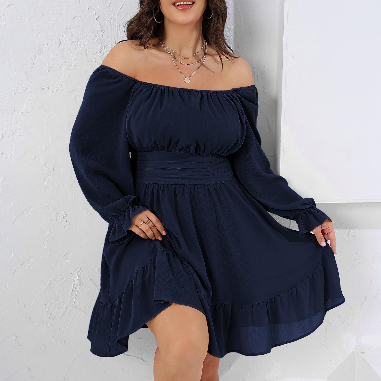Byinns Women's 2024 Plus Size Tie Back Square Neck Mini Dress with Long Lantern Sleeves & Elastic Waist - Elegant Wedding Guest Dress for Bridal Shower, Cocktail Party & Summer Occasions