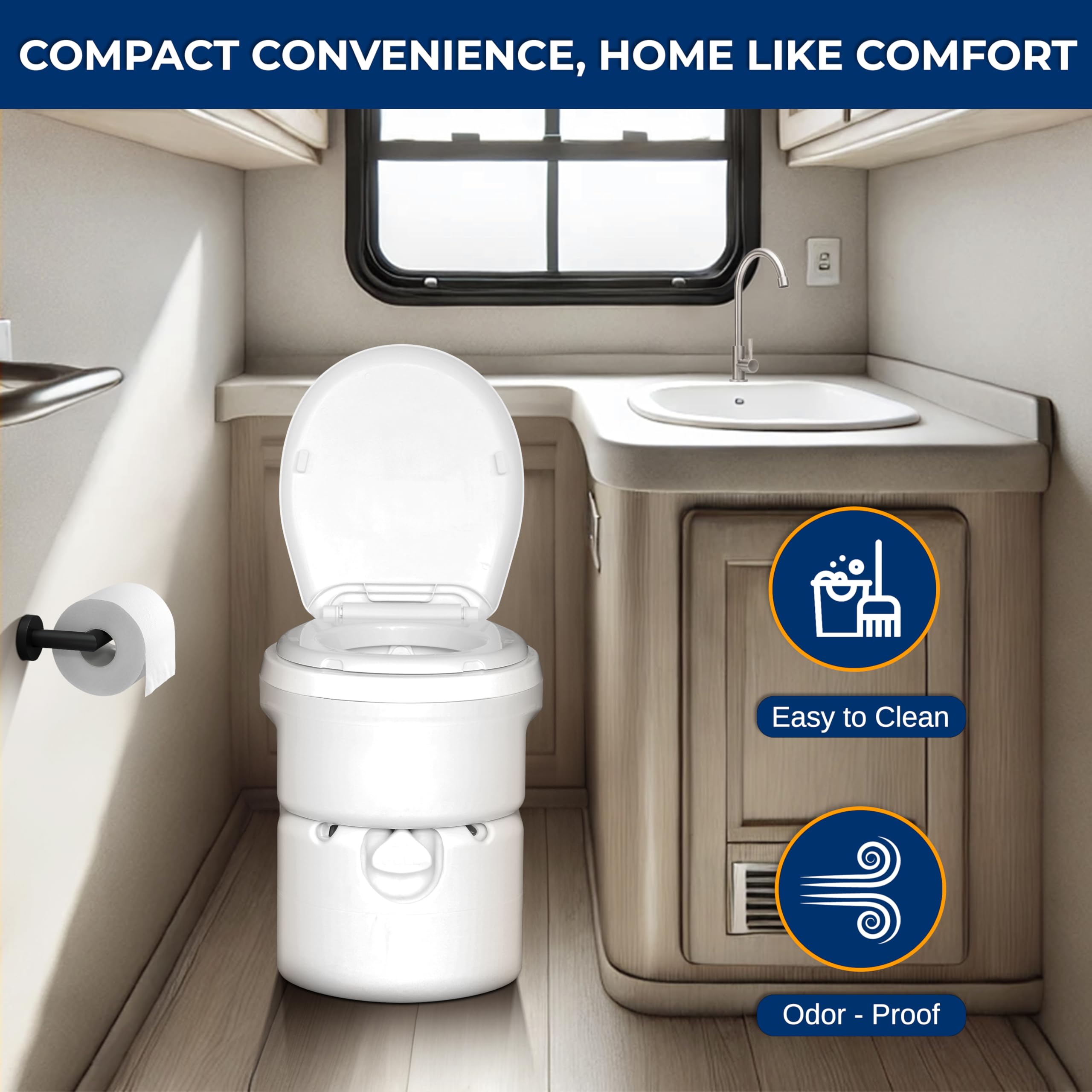 SereneLife Outdoor Portable RV Toilet - Compact Travel Toilet for Camping & Road Trips, Home-Like Comfort with Ergonomic Seat, XL 4.5 Gallon Waste Tank, Air Release Vent & Button Flush System, Durable & Easy-to-Clean - Perfect for RV, Van Life, Boating & Emergency Use