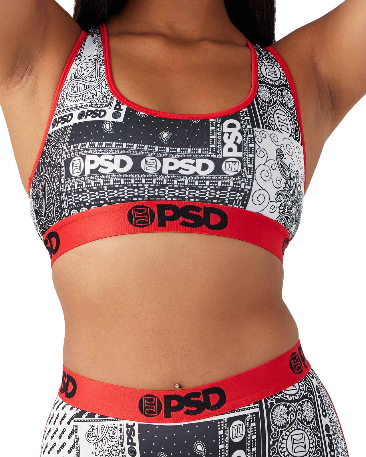 PSD Women's Bandana Print Sports Bra - Breathable Racerback Workout Top with Moisture-Wicking Microfiber Fabric for Yoga, Running & Gym