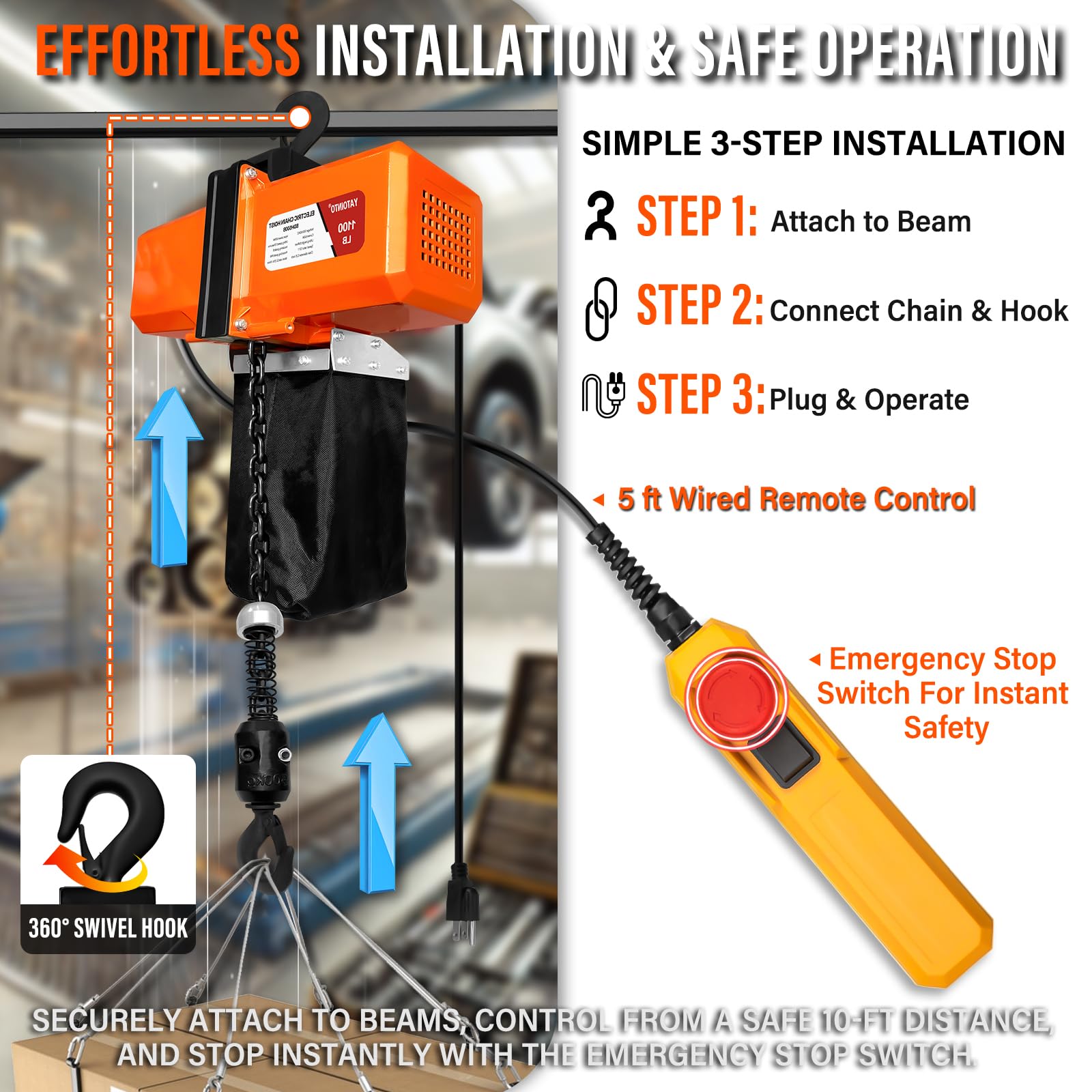 1100LBS Electric Chain Hoist - 120V Heavy Duty Winch with 5ft Wired Remote Control & Emergency Stop - Single Phase Overhead Crane for Garage, Workshop & Ceiling Mount - 10ft Lift Height - Perfect for Lifting Machinery, Auto Repair & Construction Projects