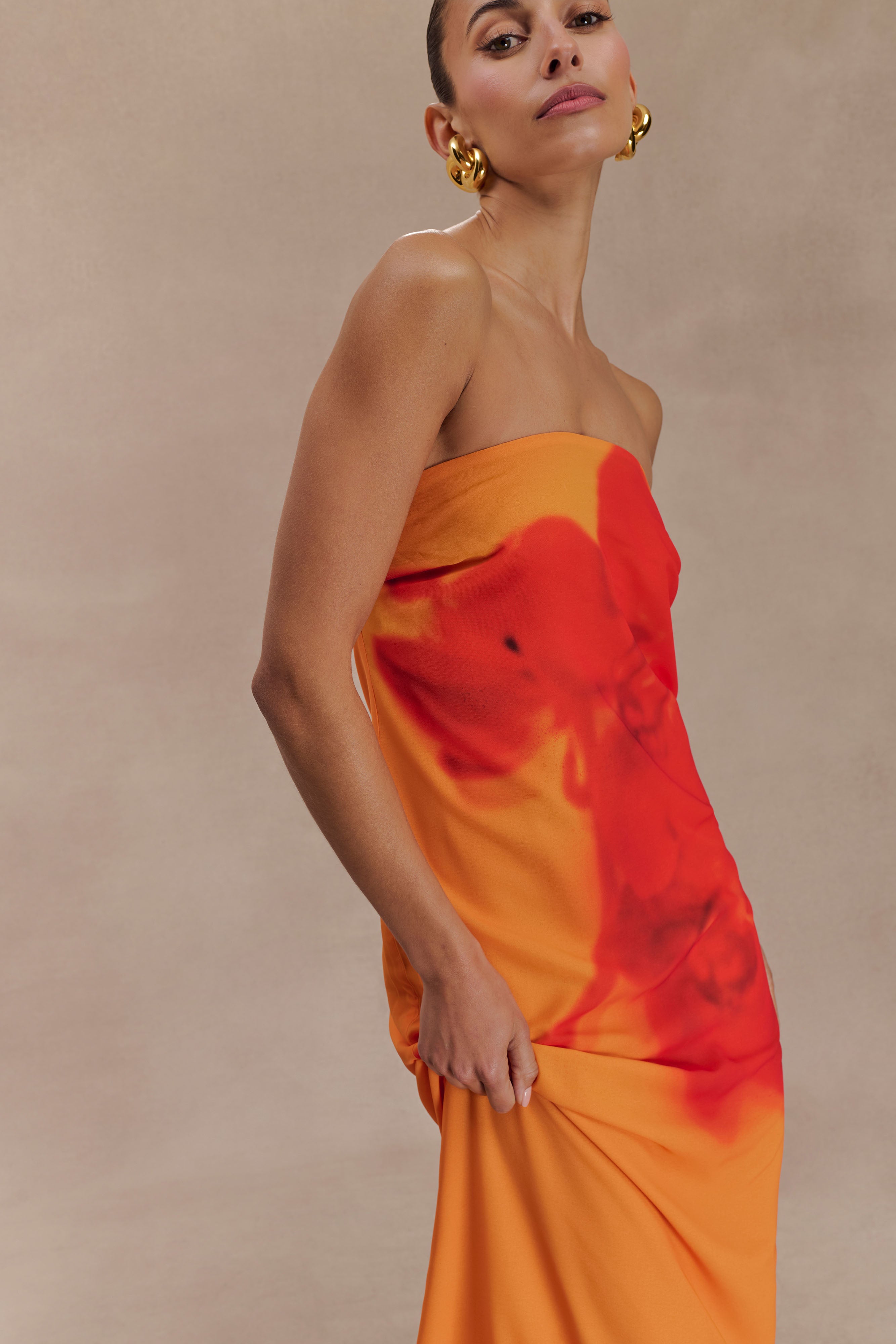 Amaya Strapless Chiffon Maxi Dress - Elegant Koi Orchid Print for Women | Perfect for Beach Weddings, Summer Parties & Formal Events