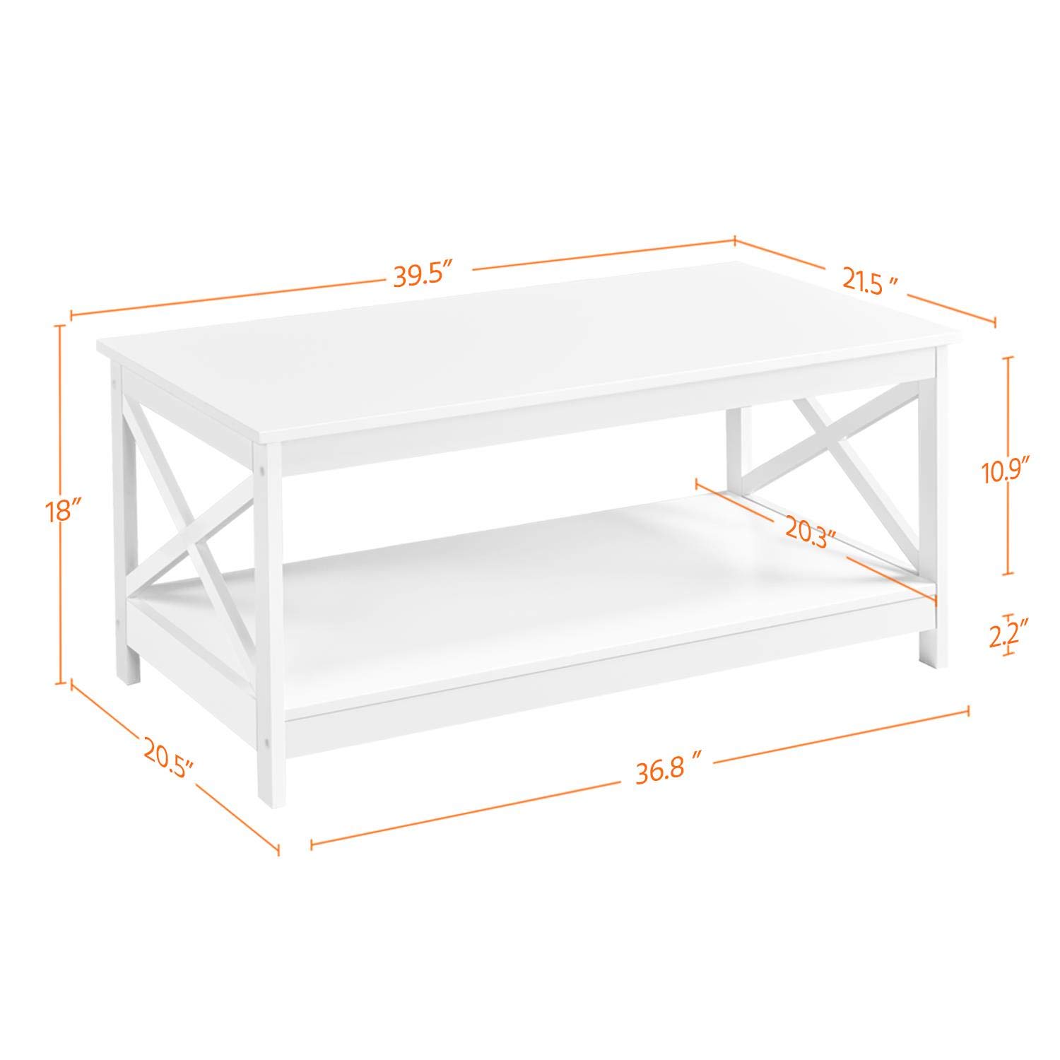 Modern X Design White Coffee Table - 2-Tier Wooden Cocktail Table with Storage Shelf for Living Room, Lounge & Office Use - Stylish Center Table for Home Decor & Small Space Furniture