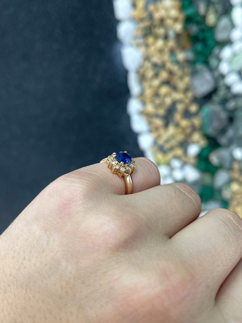 1.36tcw 14K 585 Gold Natural Oval Cut Sapphire & Diamond Real Blue Halo Ring for Women - Elegant Engagement, Wedding, Anniversary & Special Occasion Jewelry Gift