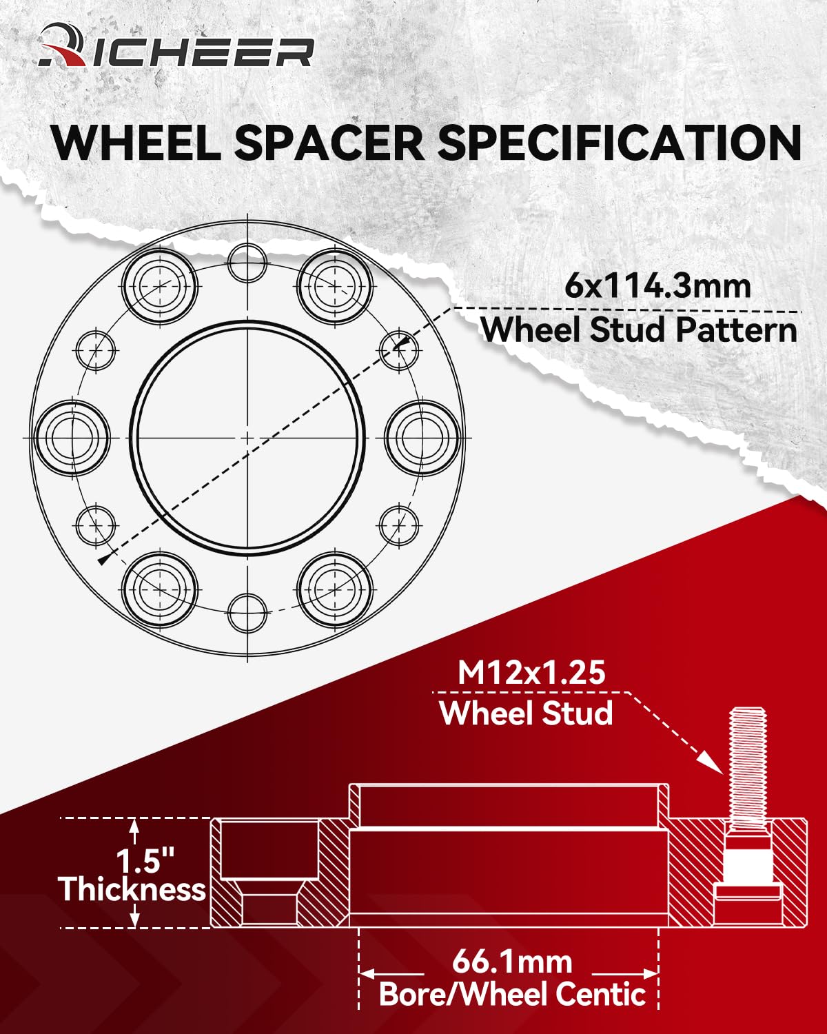 Richeer 1.5 Inch 6x4.5 Hub Centric Wheel Spacers - Compatible with 2005-2023 Nissan Frontier, 2005-2014 Pathfinder, 2005-2015 Xterra - 6x114.3mm Bolt Pattern with M12x1.25 Studs & 66.1mm Center Bore - Perfect for Off-Roading, Lifted Trucks & Custom Wheel Fitment