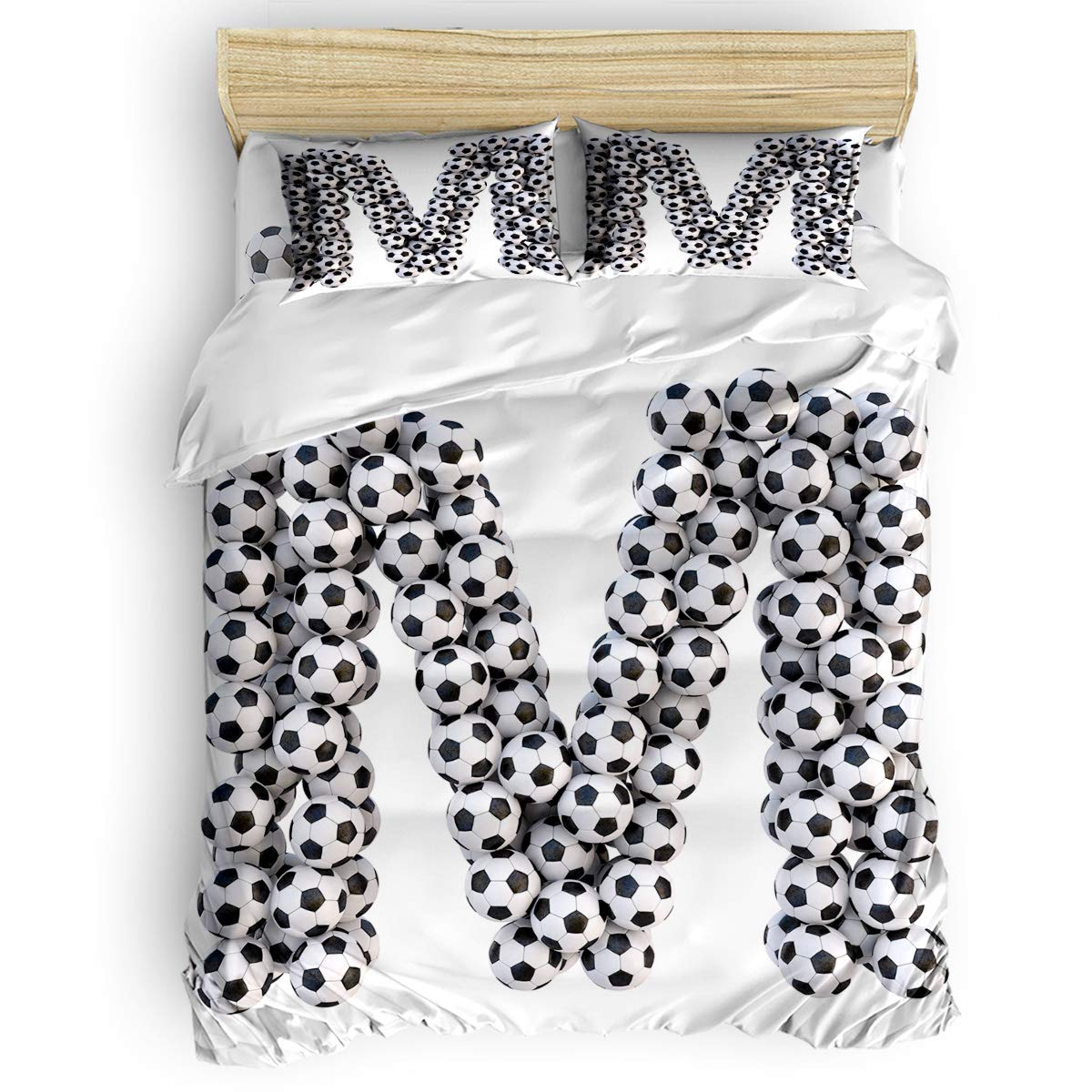4 Piece Full Size Duvet Cover Set - Soccer Balls Letter M Vertical Design, Luxury Soft Bedding Comforter Cover with 1 Duvet Cover, 1 Bed Sheet & 2 Pillowcases - Perfect for Kids' Rooms, Sports Themed Bedrooms & Soccer Lovers