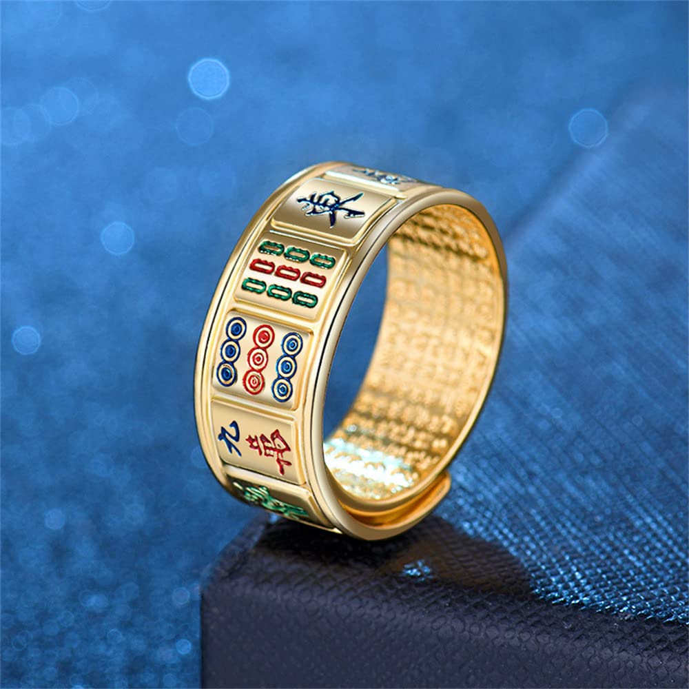 Adjustable Anxiety Relief Fidget Ring for Women & Men - Open Spinner Ring for Stress Relief, Titanium Steel Gold Plated, Lucky Mahjong Design - Perfect for Office, Travel & Daily Stress Management