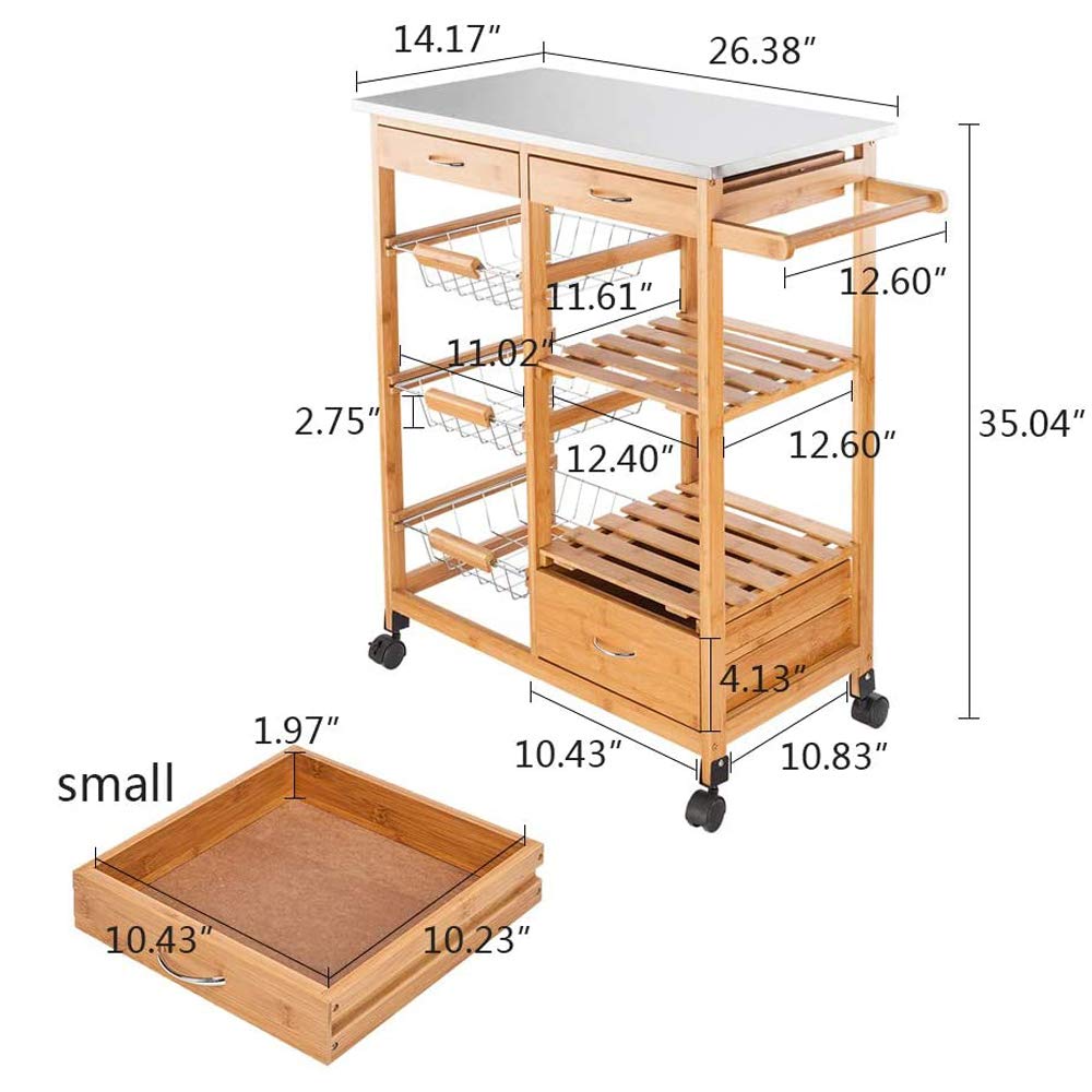 Stainless Steel Rolling Kitchen Island Cart with 3 Drawers & 3 Baskets - Wooden Mobile Serving Cart for Food & Beverages Storage - Perfect for Small Kitchens, Dining Rooms & Buffet Serving (Natural Wood Color)