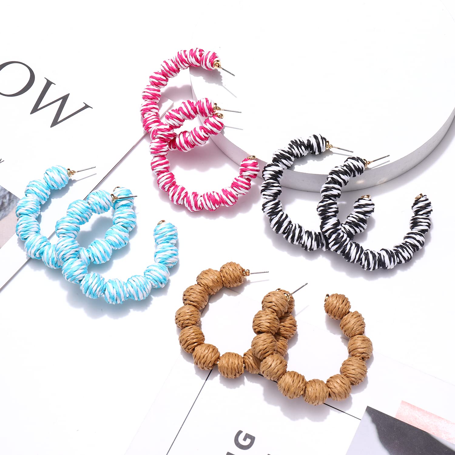 4 Pairs Handwoven Rattan Earrings – Bohemian Geometric Statement Hoop, Straw Wicker Braid Drop Dangle Earrings for Women | Perfect for Summer, Beach, Festival & Boho Chic Outfits