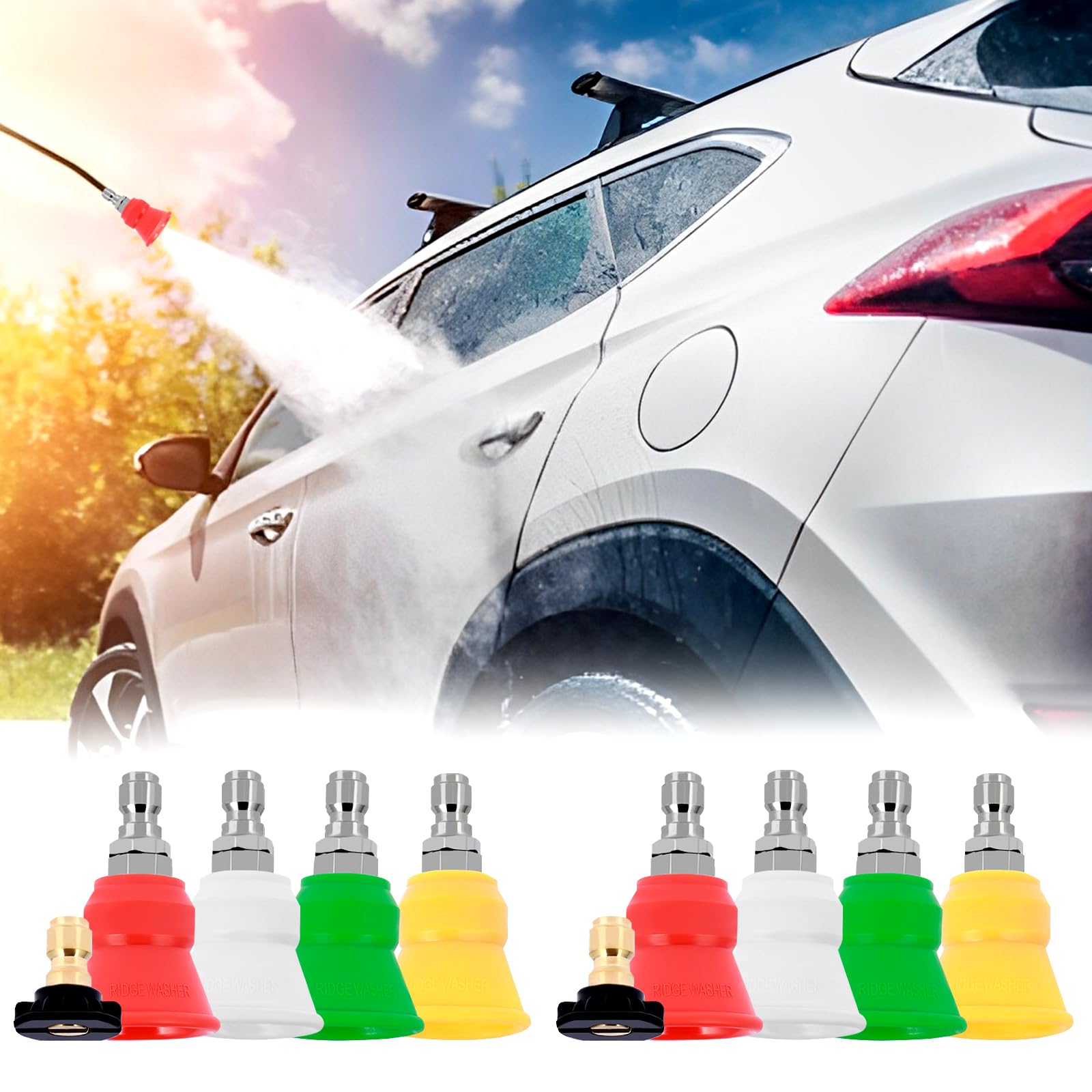 5Pcs Stainless Steel Pressure Washer Nozzle Tips Set with Rubber Protective Cover - 0°/15°/25°/40° Nozzle Angles for Car Washing, Driveway Cleaning & Outdoor Surface Cleaning (Aperture 030) - Durable Nozzle Guards for Safe High-Pressure Cleaning