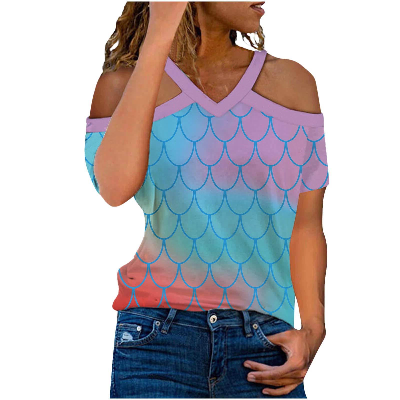 Women's Summer V-Neck Strappy Casual Short Sleeve T-Shirt | Off Shoulder Basic Top for Beach, Vacation & Everyday Wear
