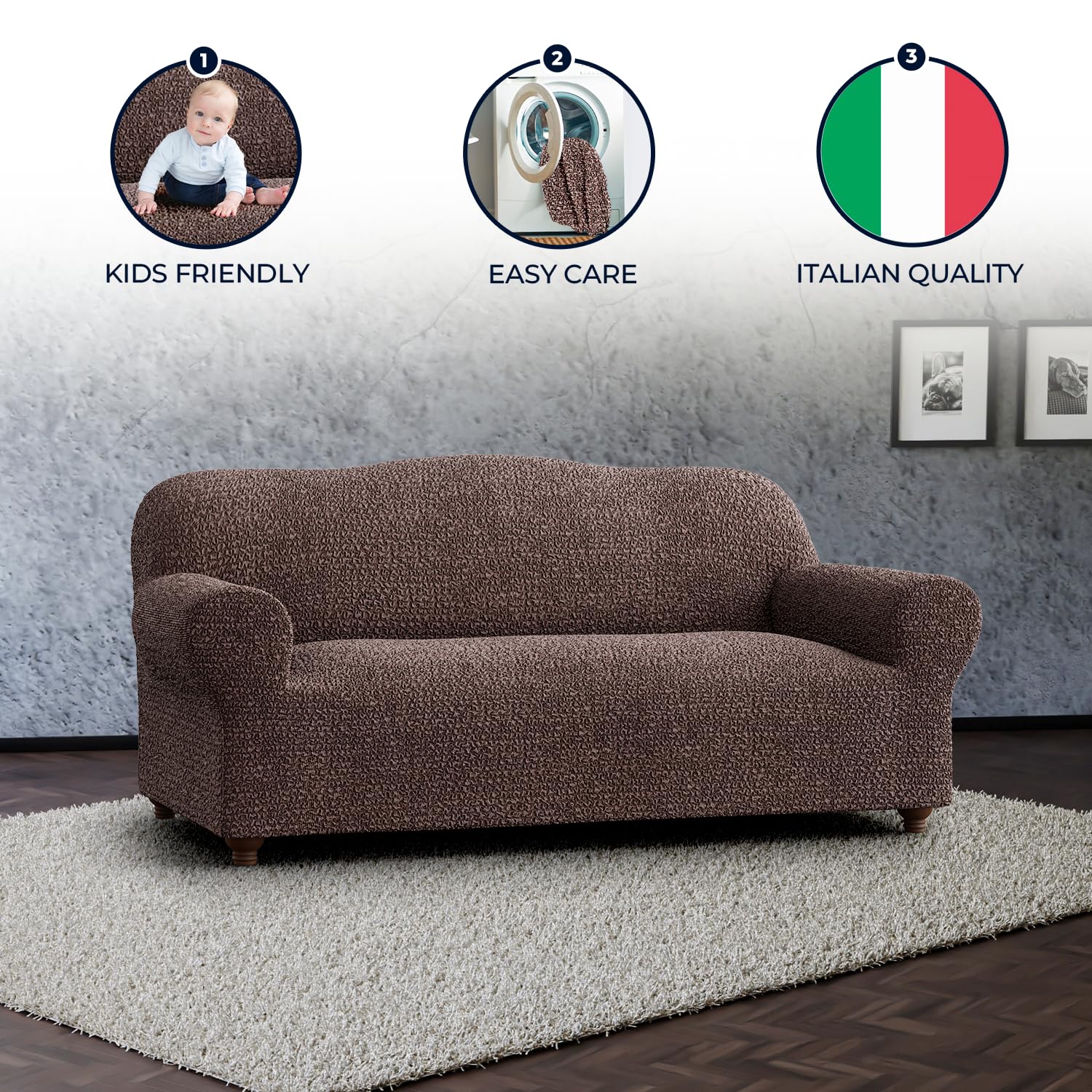 Stylish Mamma Mia Stretch Sofa Slipcover - Soft Polyester 1-Piece Washable Couch Cover with Form Fit - Pet-Friendly Furniture Protector in Brown (Mille Righe Collection) - Perfect for Living Room, Family Room & Pet-Friendly Homes