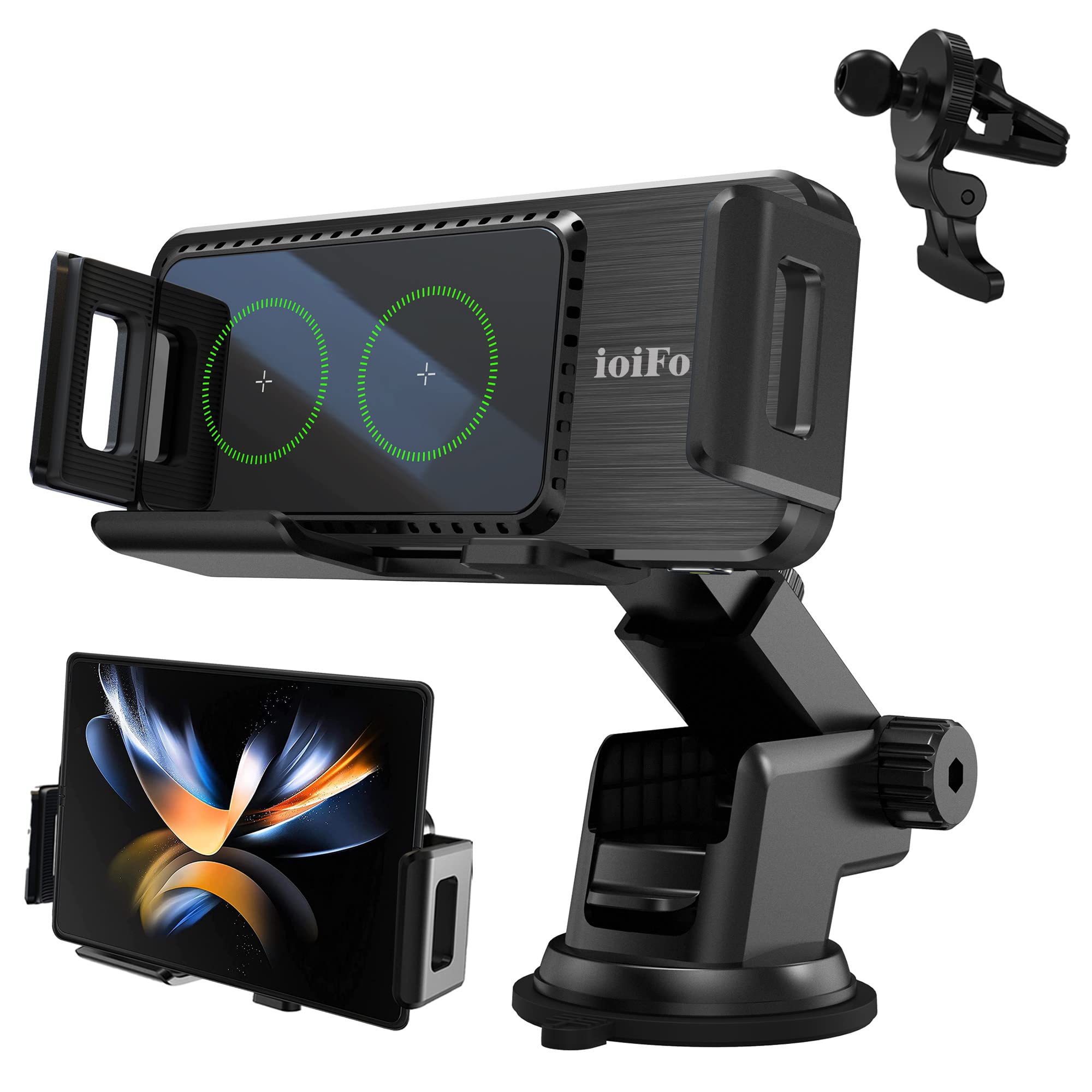 15W Qi Wireless Car Charger Auto-Rotating Dual Coils Fast Charging - Universal Phone Mount Holder for Samsung Galaxy Z Fold 6/5/S24/S23, iPhone 16/15/14 Pro Max, Google Pixel 8/7 Pro - Perfect for Commuting, Road Trips & Hands-Free Driving (L)
